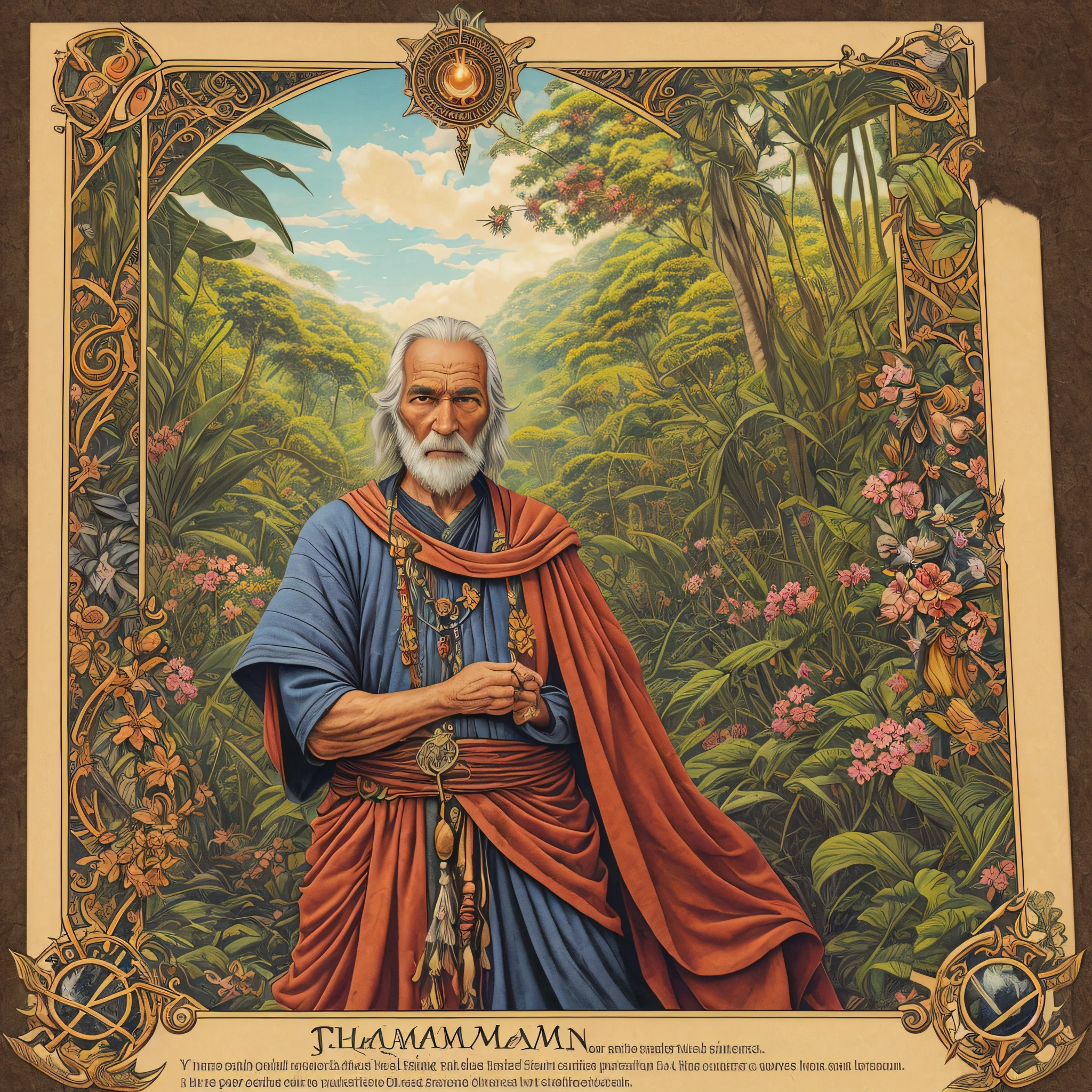 Old Shaman man Tarot card, mystic, floral borders, jungles, photorealistic , detailed , cinematic --auto