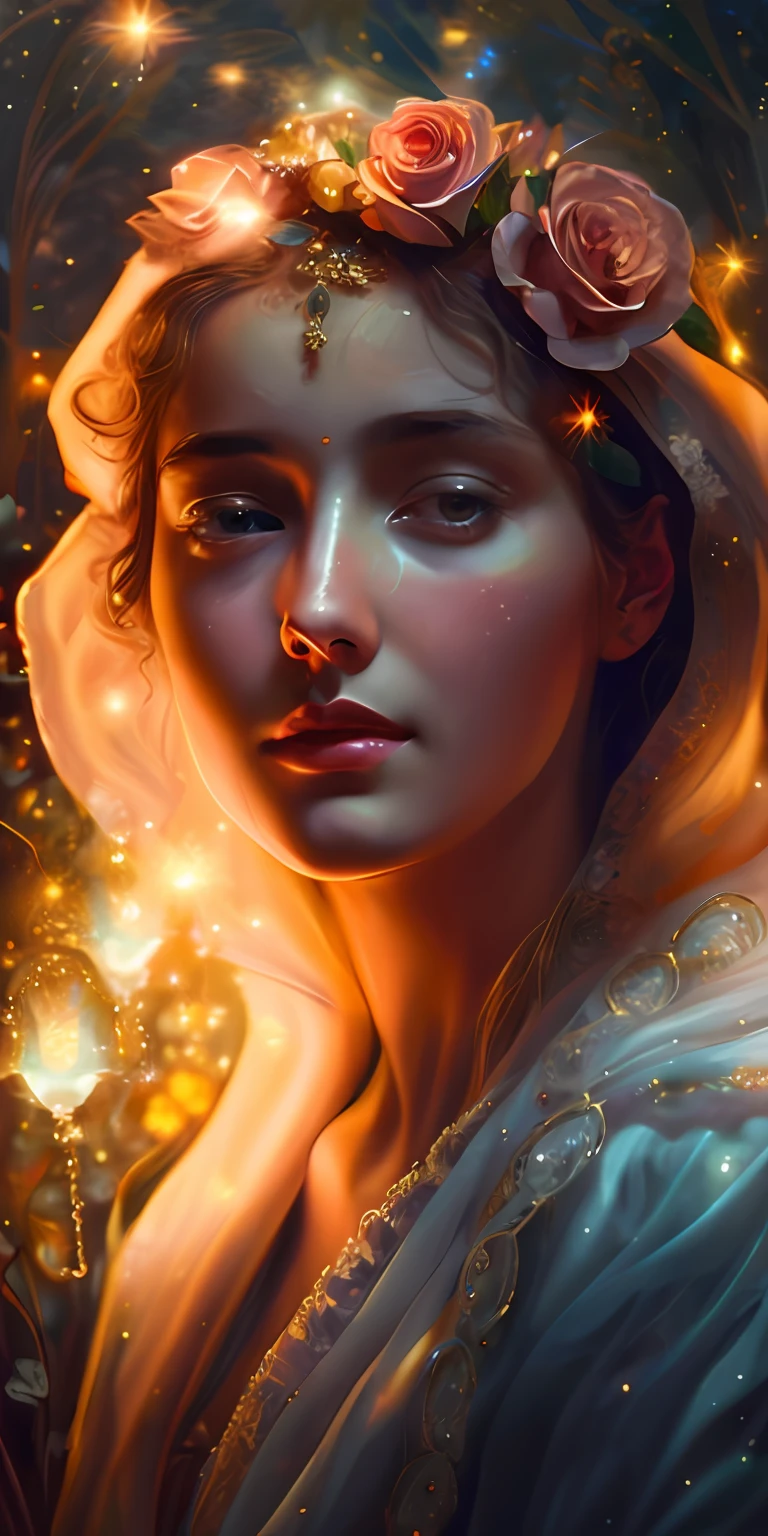 Una mujer con una corona de flores y ojos brillantes, Beeple y Alphonse Mucha, Moebius + loish + WLOP, Beeple y Jeremiah Ketner, Ethereal Beauty, intrincado WLOP, Fantasy Beautiful lighting, beautiful fantasy art portrait, ethereal!!! ultra realista, ethereal glow, Retrato de primer plano de la diosa, Arte WLOP, hermosas luces brillantes