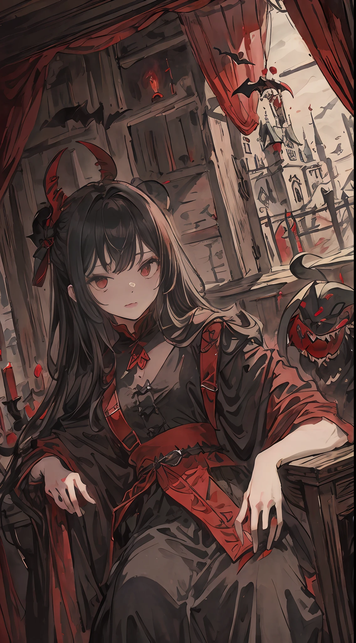 ((​masterpiece))、((top-quality))、((Official art))、8K、very detailed illustration、One girl、Gray hair、Long straight hair、Detailed eye、Sharp eyes、(Interior of the old castle 1.2)、The dim、(Gorgeous red and black gothic dress 1.2)、((Dracula's daughter))、((deadpan))、Fair skin、pure、Unclear、Meek、Suspiciousness、Pose like a model