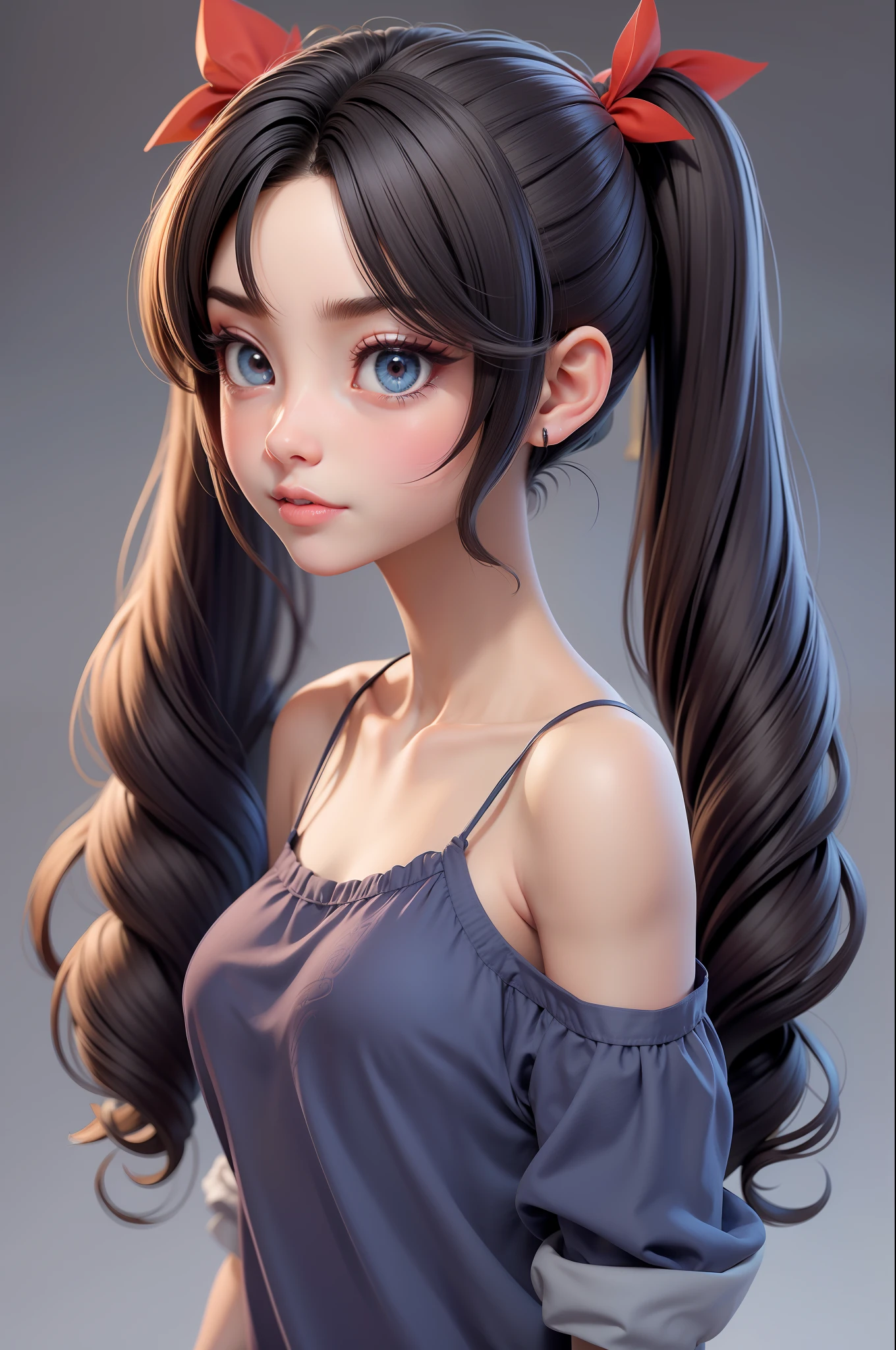 1menina, tohsaka rin, solo, cabelo comprido, vestida de princesa, camisola, camisola vermelha, olhando para o espectador, fundo azul, cabelo preto, fundo simples, dois lados para cima, gola alta, olhos azuis, , boca fechada, fita, fita de cabelo, franja, camisola de gola alta, parte superior do corpo, franja separada, fita preta, camisola nervurada, twintails, nariz,