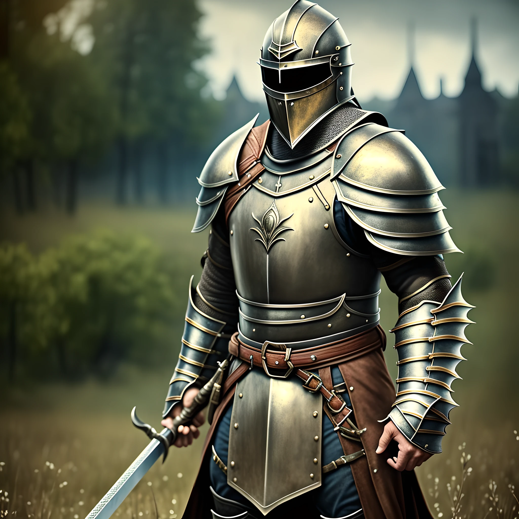 Male knight, solo, standing with a greatsword in the field, big greatsword, single, closed helmet, dark armor made from black metal, no patterns, no armor patterns, no cape, gothic armor, gothic style armor, ultra high resolution, realistic, realism, photo, old photo style, sepia philter, hyper-detailed, raw photo, best quality, ultra high res, photo realistic, photo realism, 8k HD, detailed, 19 century photo style