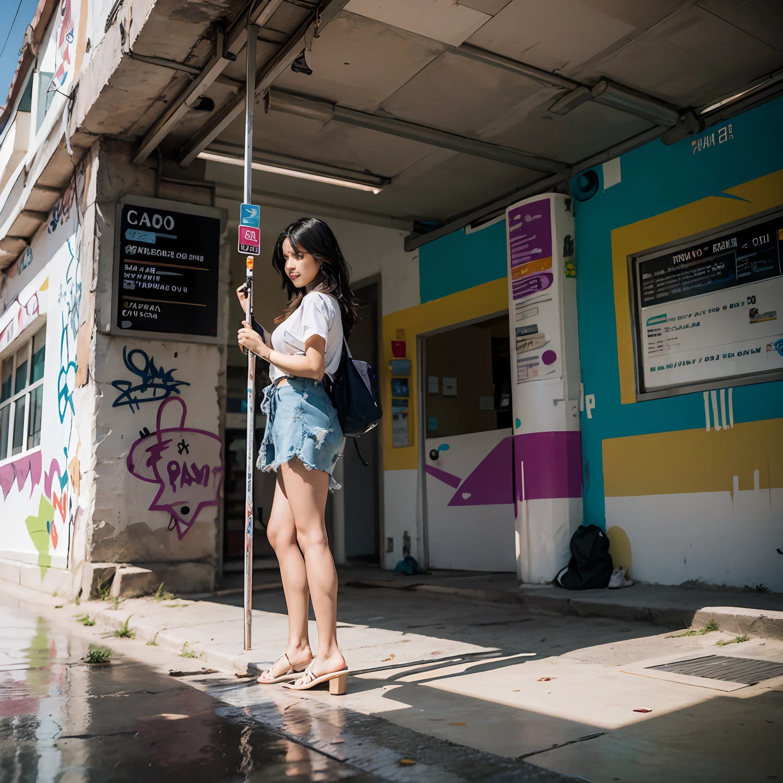 Beautiful Brazilian woman paints graffiti of another Brazilian woman. train station. cabello mojado