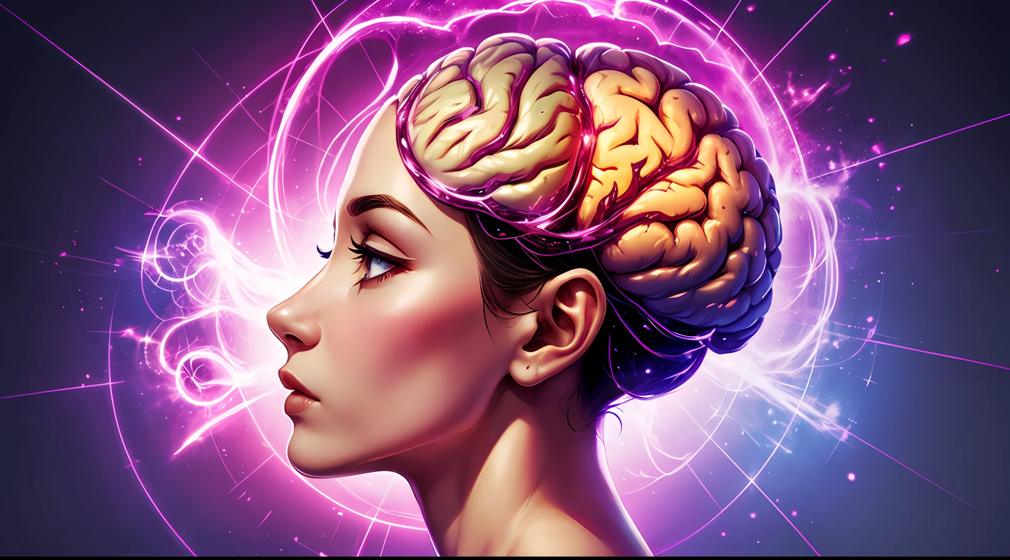 A half-open human head in profile with the brain uncovered, Mysterious background --auto