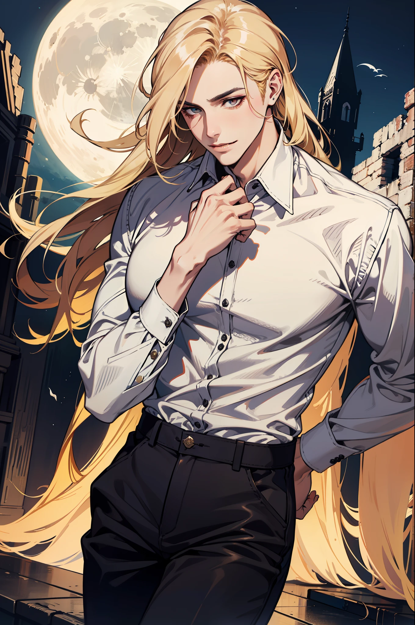 (absurdres, highres, ultra detailed), 1man, 30 years old man, adult man, handsome, tall,, finely detailed eyes and detailed face, leather pants, (((white shirt))), night, smile, dutch angle, ((long hair, blonde hair)), moon, gold details, gothic, vampire, vampire prince, dark, simple clothes, looking at the view, pale skin, red detailed eyes, (masculine), sexy, elegant, long bangs, detailed hands