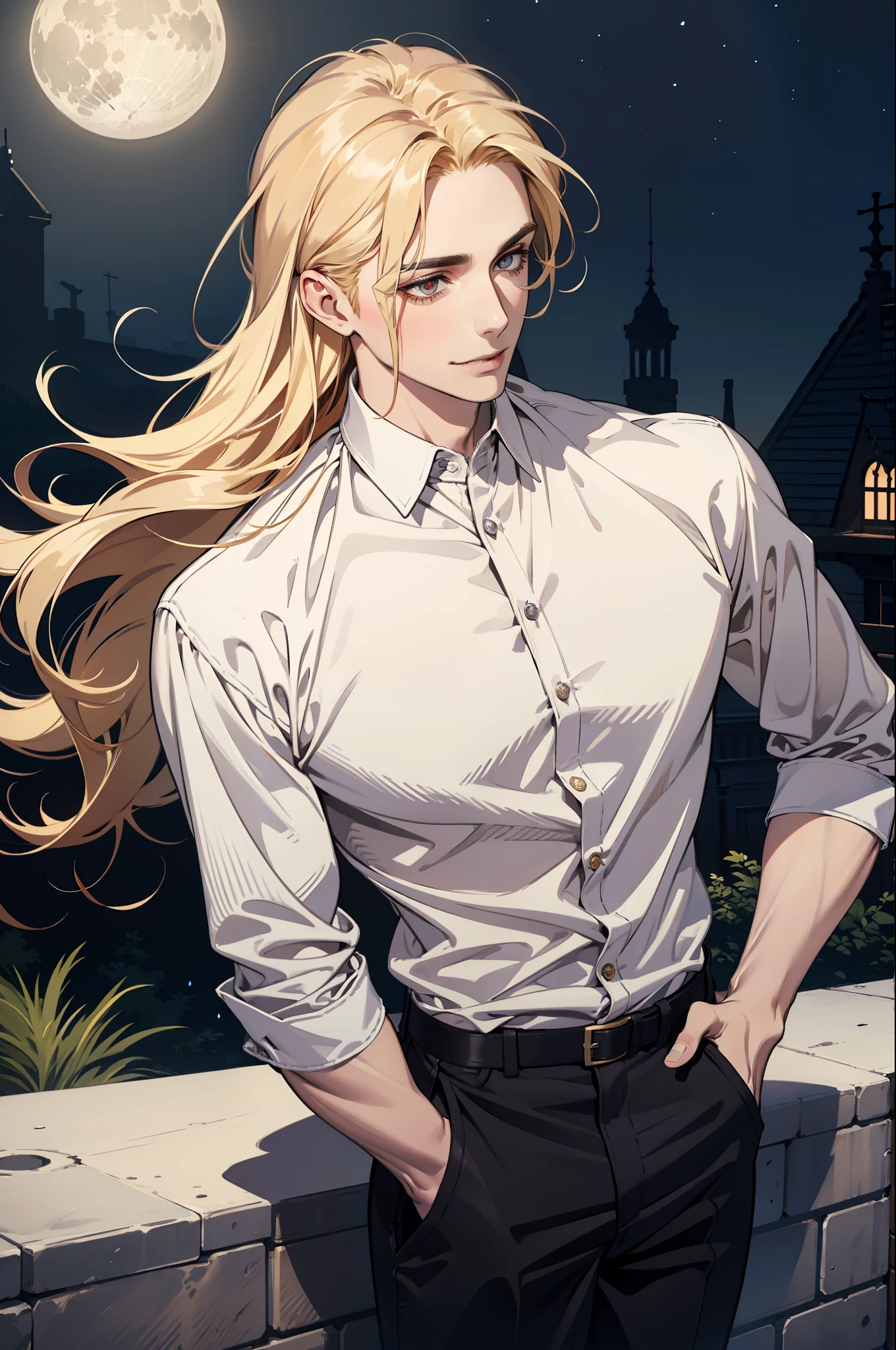(absurdres, highres, ultra detailed), 1man, 30 years old man, adult man, handsome, tall,, finely detailed eyes and detailed face, leather pants, (((white shirt))), night, smile, dutch angle, ((long hair, blonde hair)), moon, gold details, gothic, vampire, vampire prince, dark, simple clothes, looking at the view, pale skin, red detailed eyes, (masculine), sexy, elegant, long bangs, detailed hands
