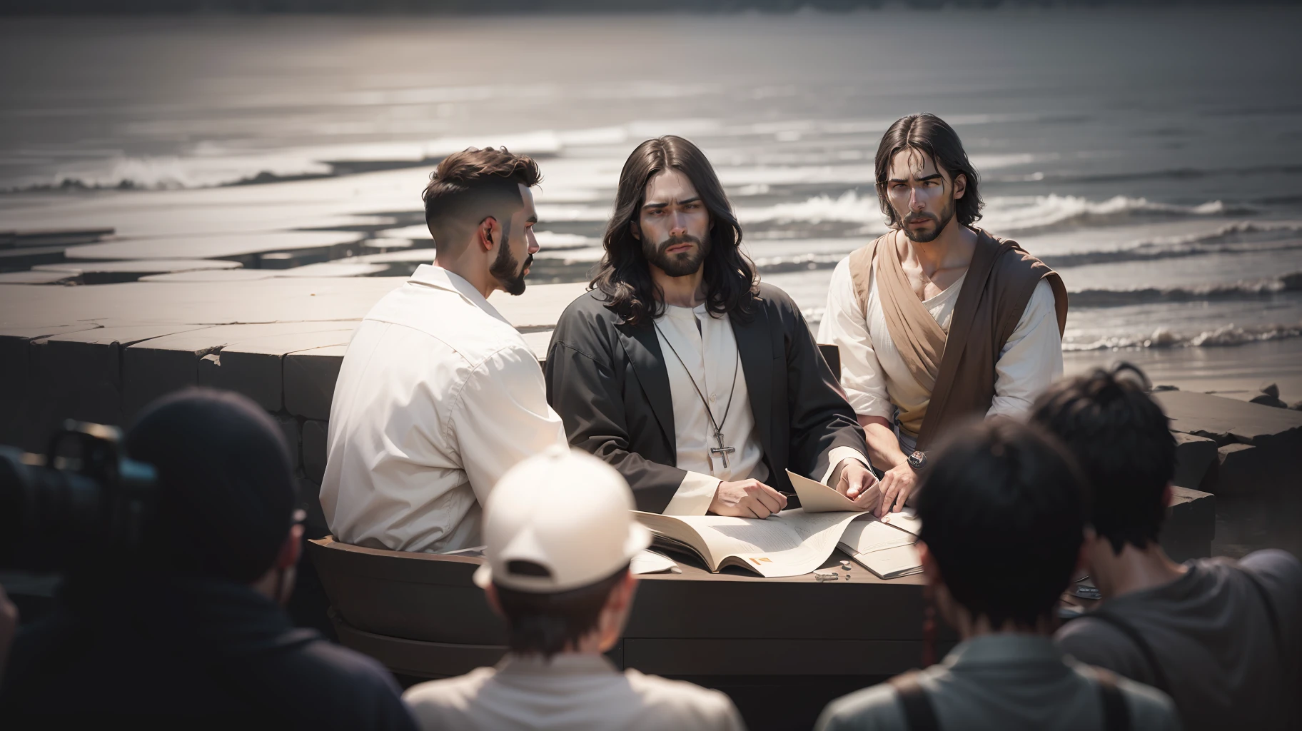 Jesus estava nas margens do rio, bible illustration, epic biblical representation, imagem super realista, cinematic lighthing, beautiful depiction, Realistic, 4k, HDR