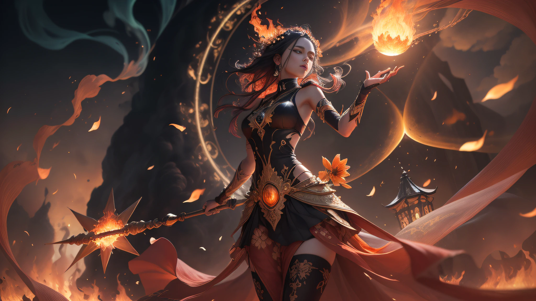 ((Roupa da cor laranja claro, cabelo laranja)) Amidst a mystical realm, Uma feiticeira do fogo ergue-se elegantemente em meio a uma paisagem escaldante de tons alaranjados e quase vermelhos. Seu traje reflete os tons de fogo, cintilante como chamas cintilantes sob o olhar intenso do sol. With eyes as deep and intense as a burning hell, He embodies his deep connection to the essence of fire.
Nesta terra encantadora, The flora blooms with fiery vibration, apparently celebrating the presence of the fire mage. The air itself carries a magical allure, whisper of his mystical abilities. Cercando-a, Brasas radiantes flutuam no ar, a mesmerizing display of his mastery over this powerful element.
Capturado por Paolo Raeli com uma Nikon Z6 II e uma lente macro, The photograph perfectly captures the harmonious bond between the fire witch and the burning environment. The interplay of natural light and studio lighting further enhances the ethereal ambiance, encapsulating the enchantment of this magical encounter.