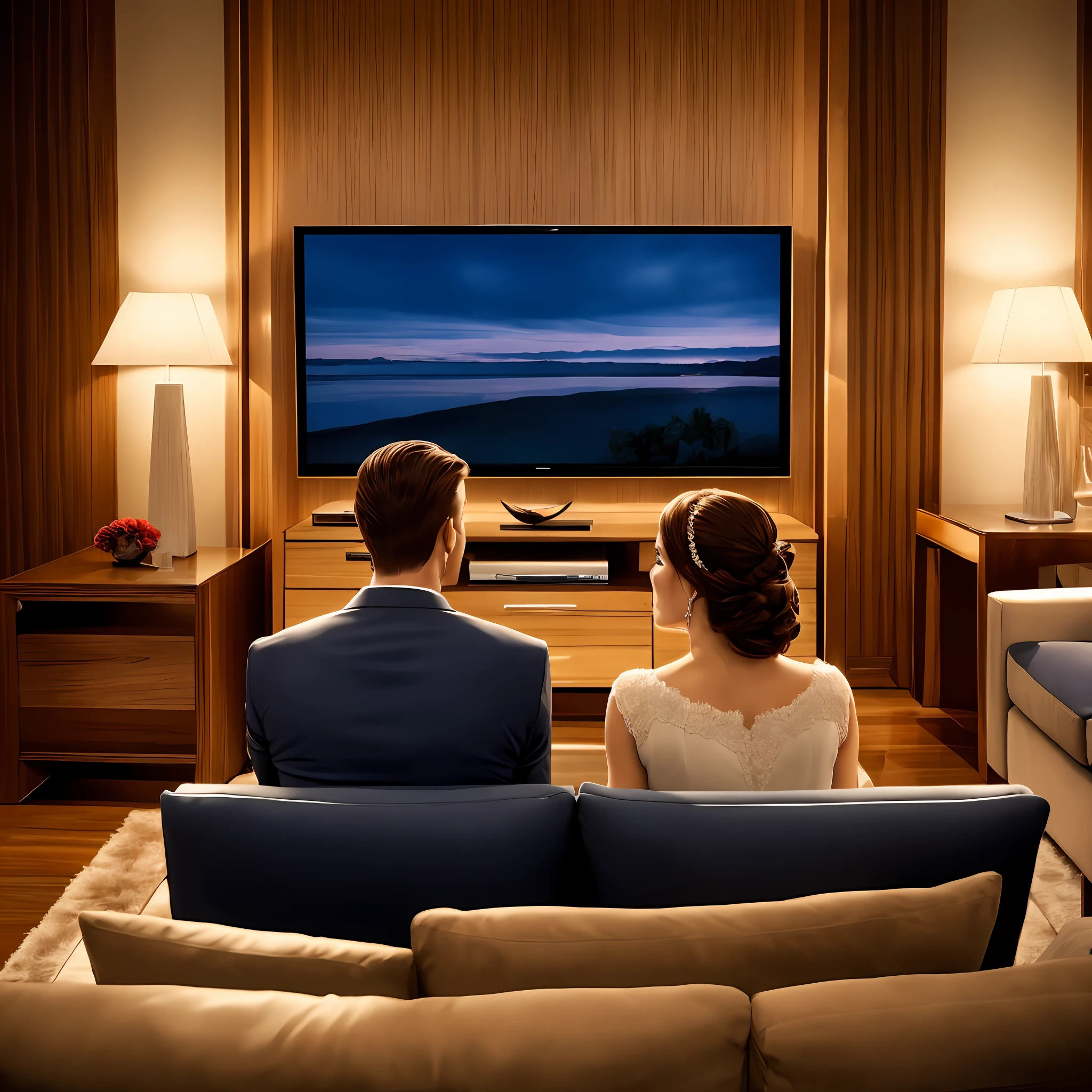 An elegant man and woman sitting on their backs on a modern sofa, assistindo uma TV  de 60 polegadas em uma sala de estar luxuosamente decorada, aconchegante e iluminada, with a touch of elegance. --auto