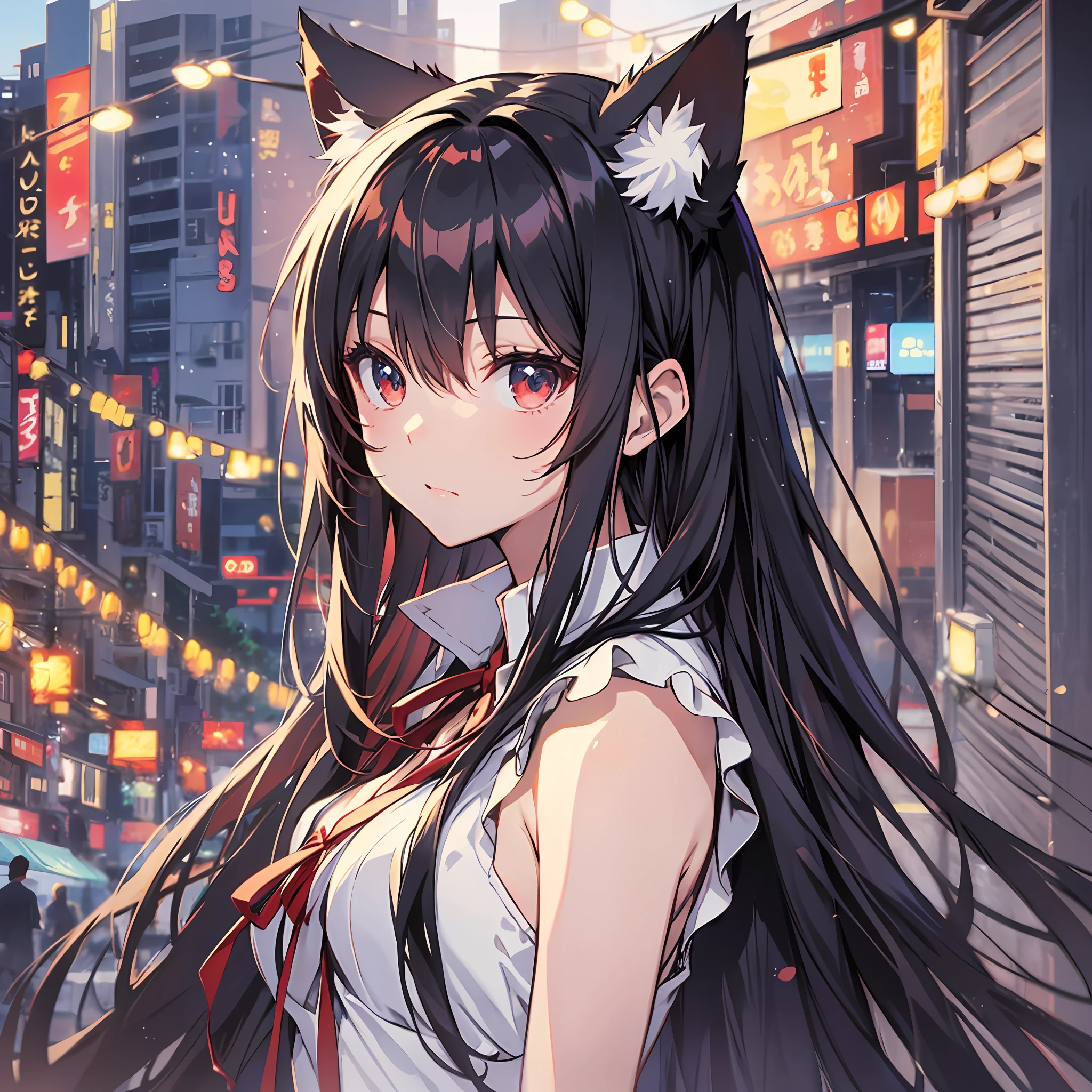 ((Best Quality, 8K)) (((White and red sleeveless dress)))++ Anime girl with sleeveless small breasts long hair black hair and animal ears Rin Tosaka, anime moe art style, anime style like Fate/stay night, anime girl with long hair, very cute anime girl face, nightcore, from the front line of girls, cute anime girl portrait, anime girl with cat ears, High quality anime art style, "beautiful anime woman", red little ribbon on head sunlight city