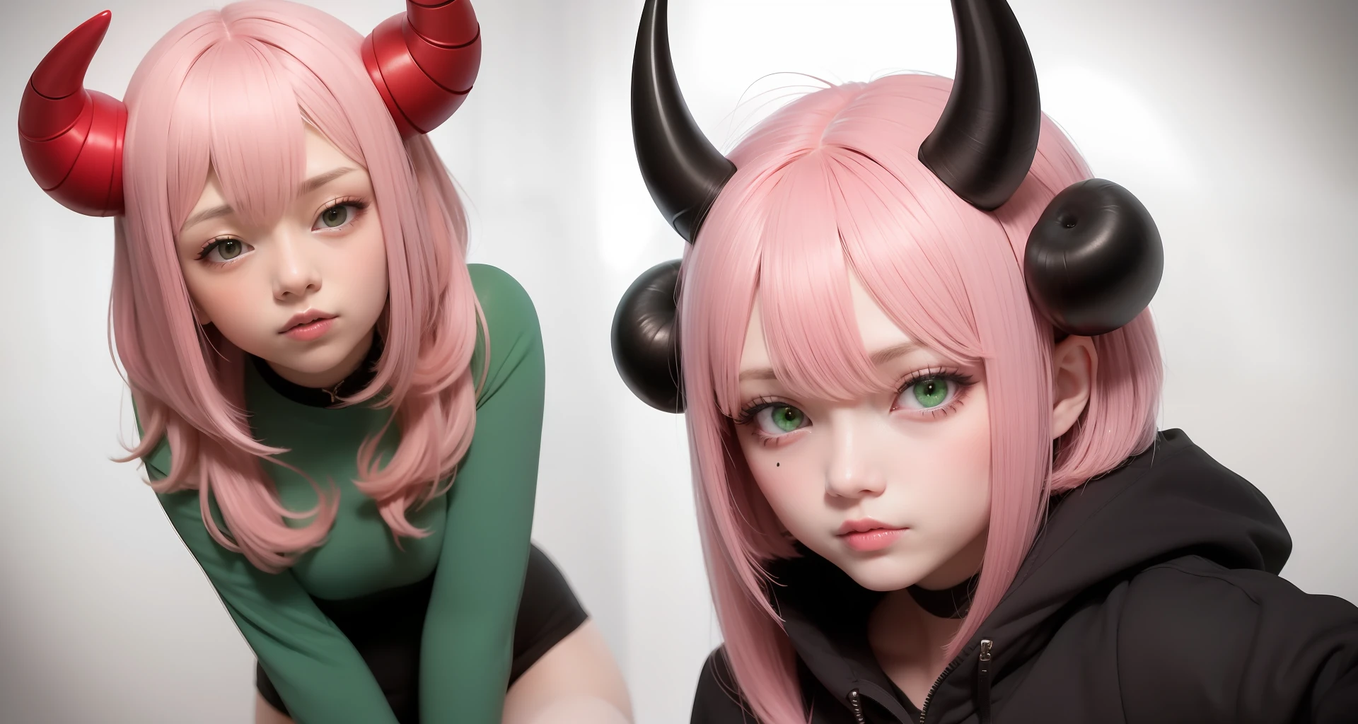 A pink-haired,Red horns on the head,green pupills,Girl with red eyeshadow