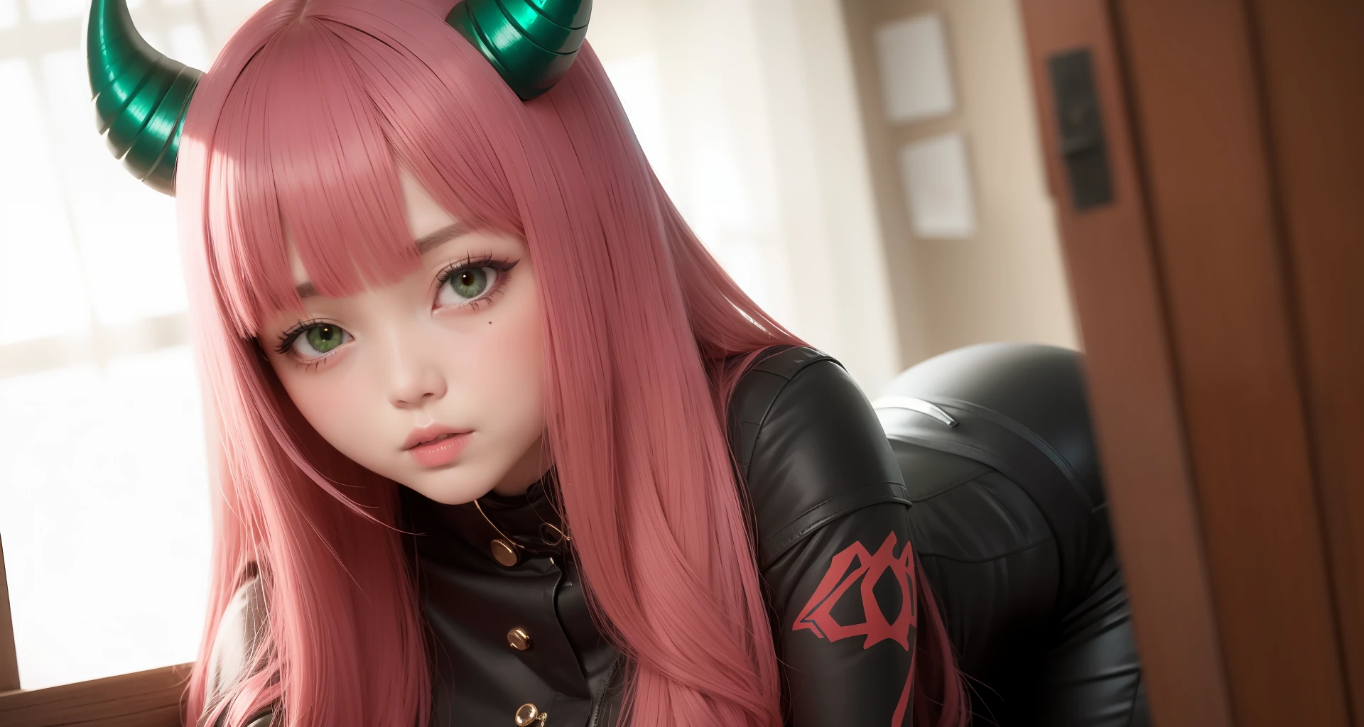 A pink-haired,Red horns on the head,green pupills,Girl with red eyeshadow