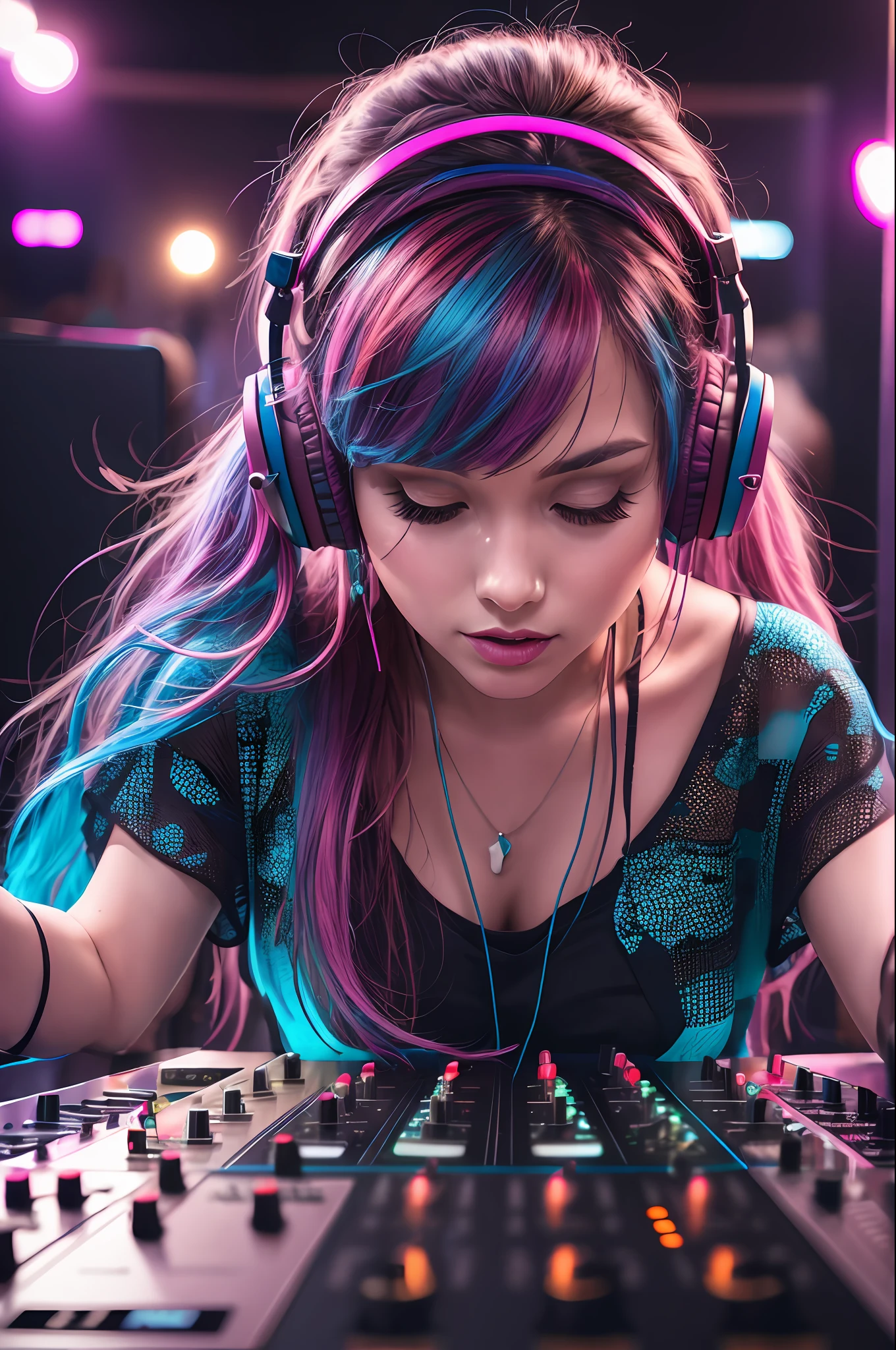 upper body,  female dj, colorful clothes , quirky, vibrant appearance,  playful accessories, creative behavior, imaginative, sensual, spontaneous, dj headphones, mixing console, music club, night club, indie theaters, people dancing on the dance floor background,  underground danceclub,  highest quality, skin texture, intricate details, (cinematic lighting), RAW photo, 8k