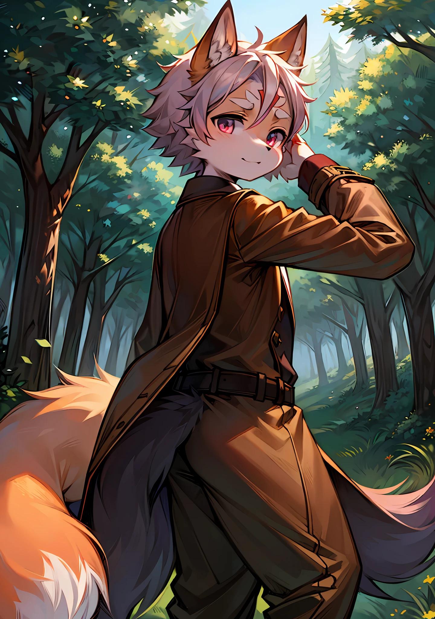 ln the forest,children's,Beast too,red fox,Wear a brown trench coat,Fluffy big tail,adolable,fica sozinha,There are moire lines on the forehead,Short stature,Short snout,largeeyes,meticuloso