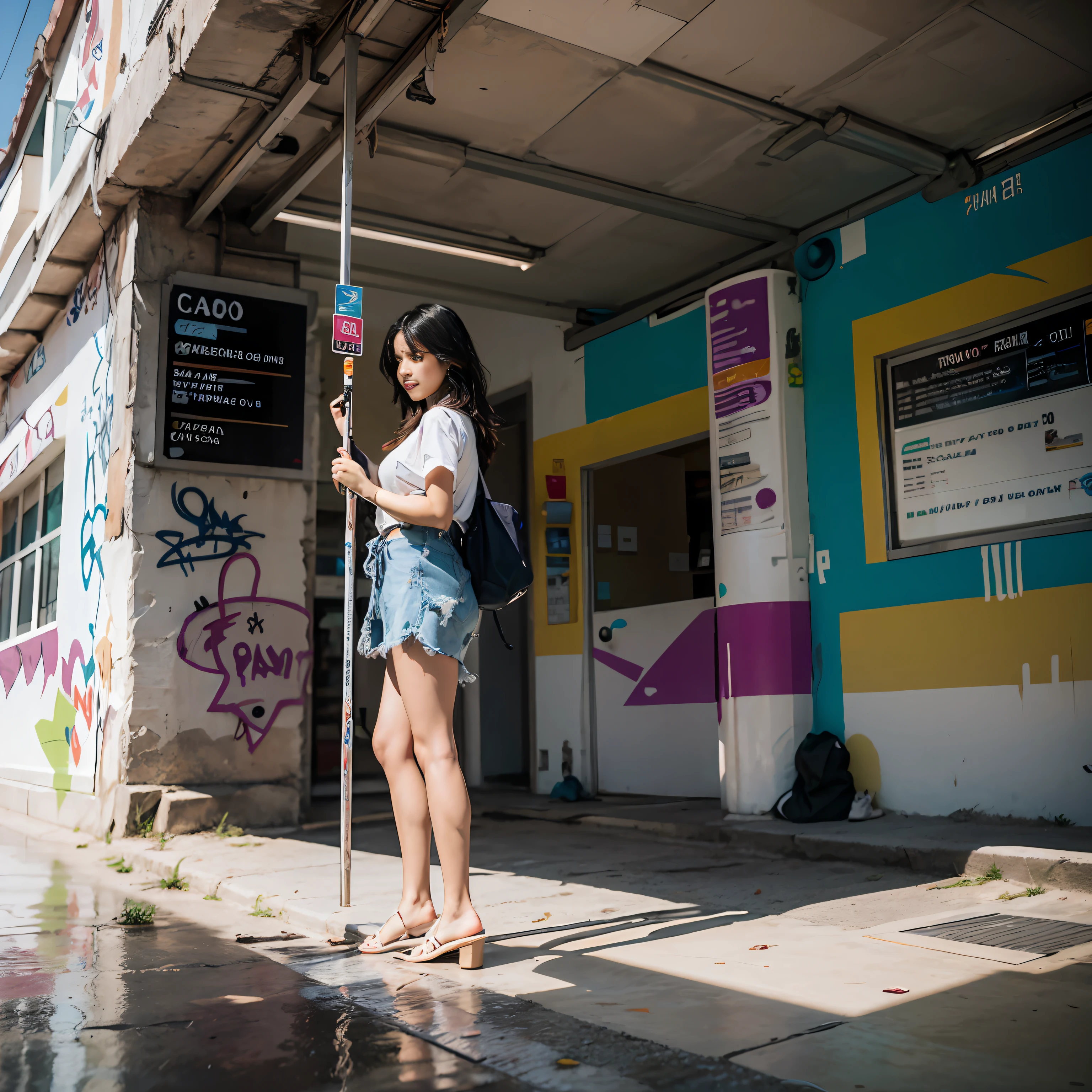 Beautiful Brazilian woman paints graffiti of another Brazilian woman. train station. cabello mojado
