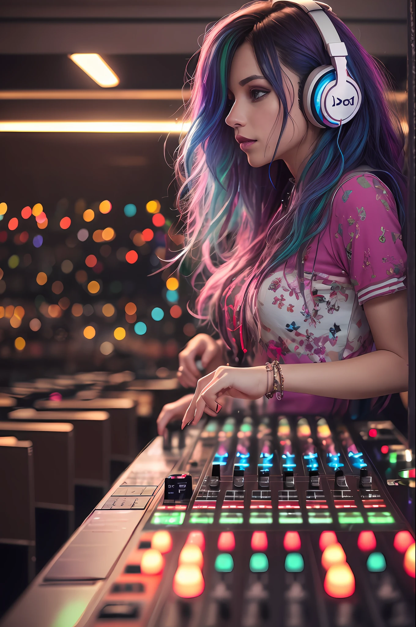 upper body,  female dj, colorful clothes , quirky, vibrant appearance,  playful accessories, creative behavior, imaginative, sensual, spontaneous, dj headphones, mixing console, music club, night club, indie theaters, people dancing on the dance floor background,  underground danceclub,  highest quality, skin texture, intricate details, (cinematic lighting), RAW photo, 8k