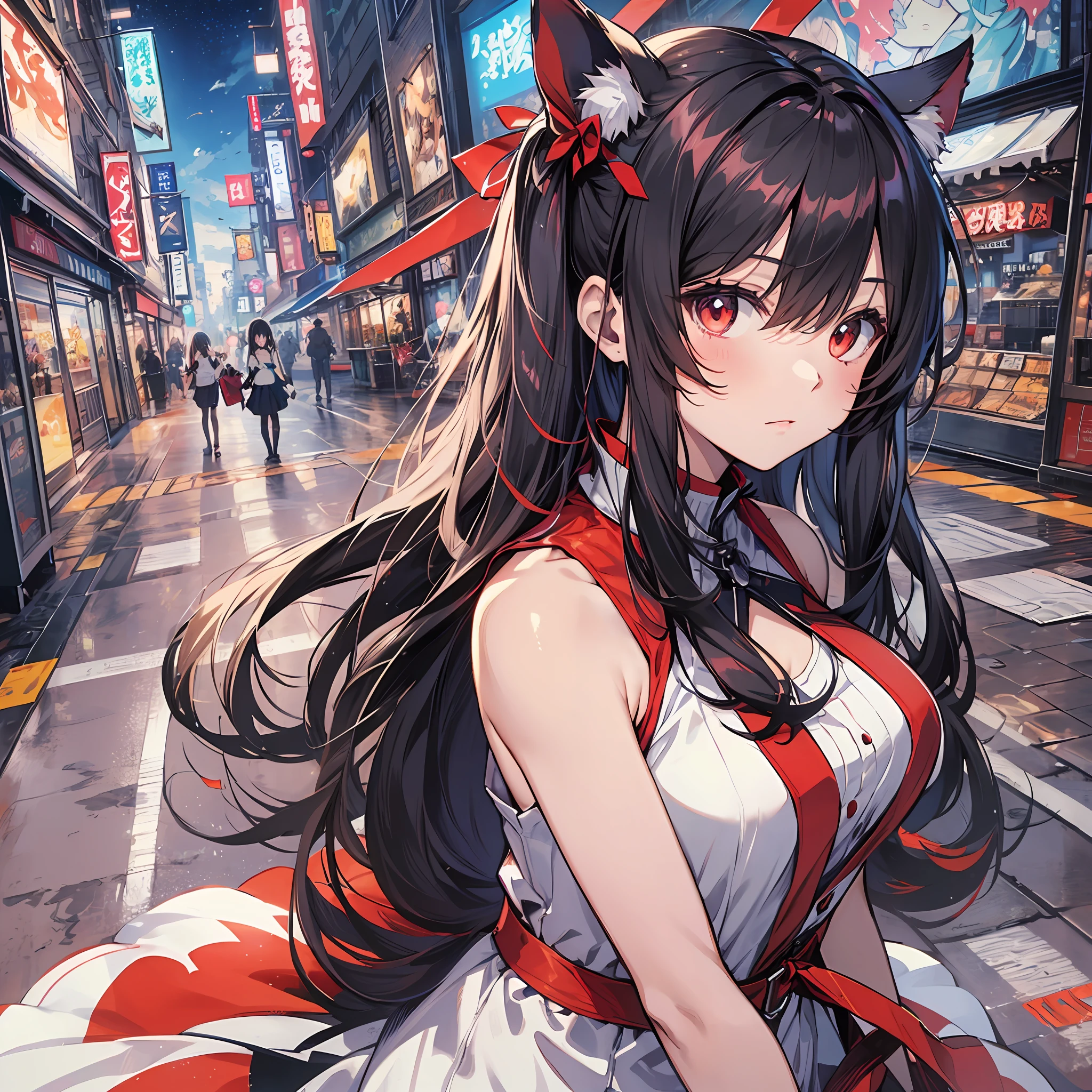 ((Best Quality, 8K)) (((White and red sleeveless dress)))++ Anime girl with sleeveless small breasts long hair black hair and animal ears  Rin Tosaka, anime moe art style, anime style like Fate/stay night, anime girl with long hair, very cute anime girl face, nightcore, from the front line of girls, cute anime girl portrait, anime girl with cat ears, High quality anime art style, "beautiful anime woman", red little ribbon on head  sunlight　city