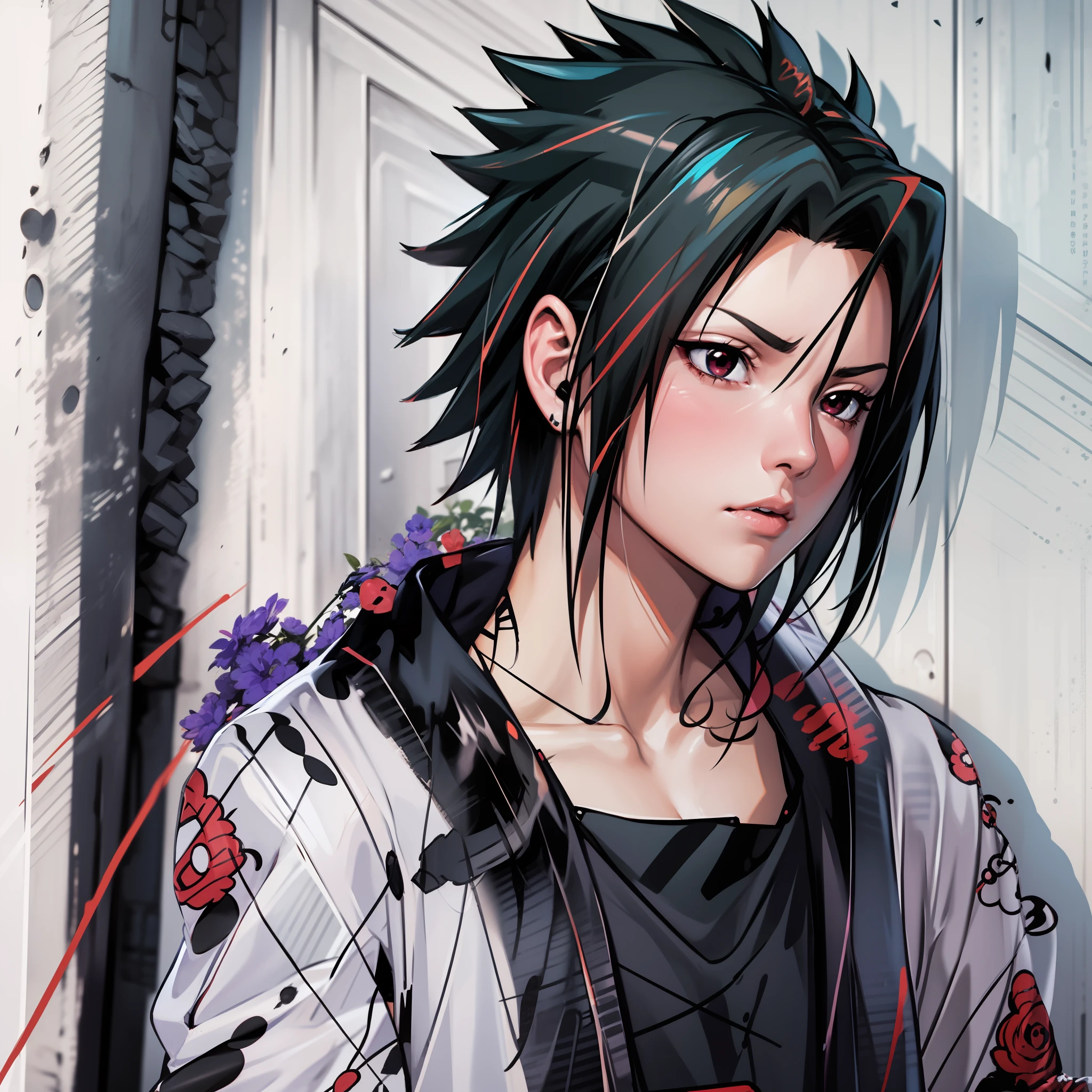 Sasuke Uchiha, Naruto, estilo anime, Synthwave, corpo inteiro, 8k, altamente detalhado, disco Rigid