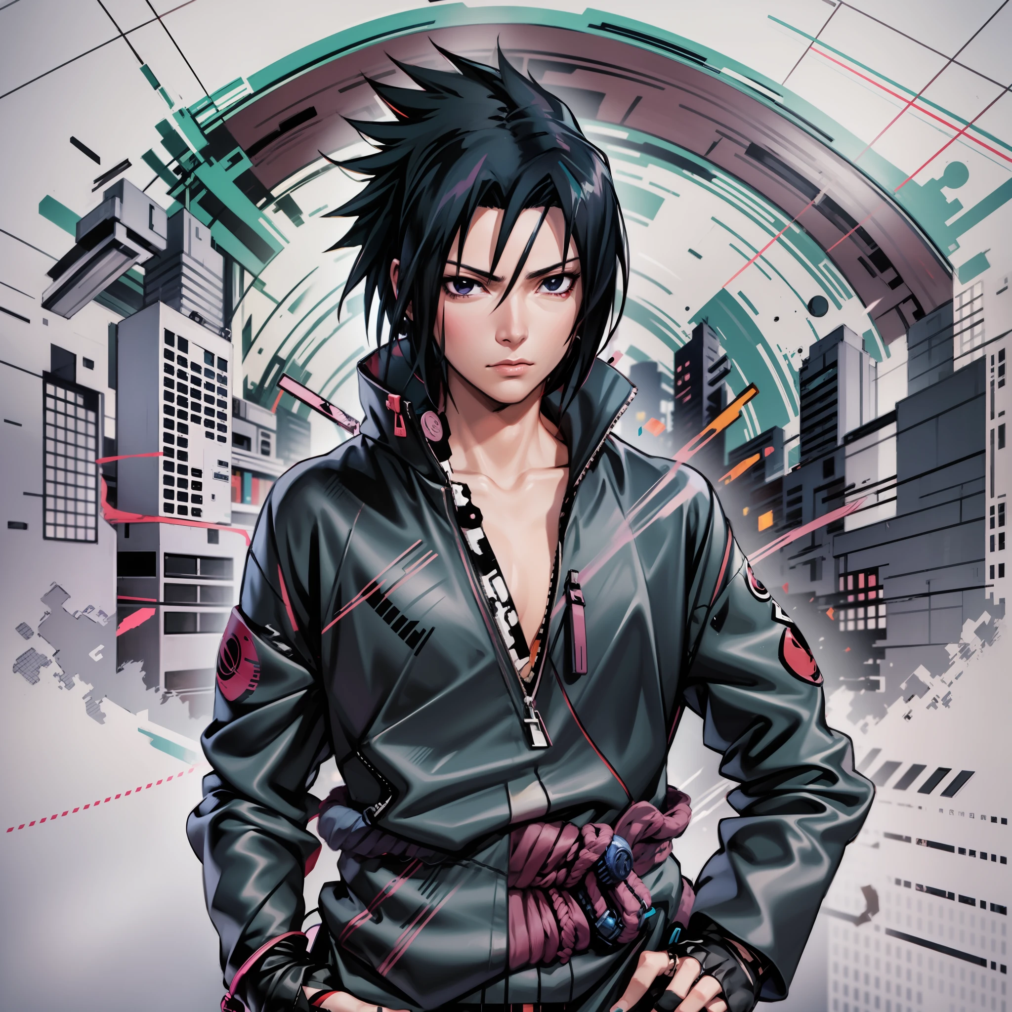 Sasuke Uchiha, Naruto, estilo anime, Synthwave, corpo inteiro, 8k, altamente detalhado, disco Rigid