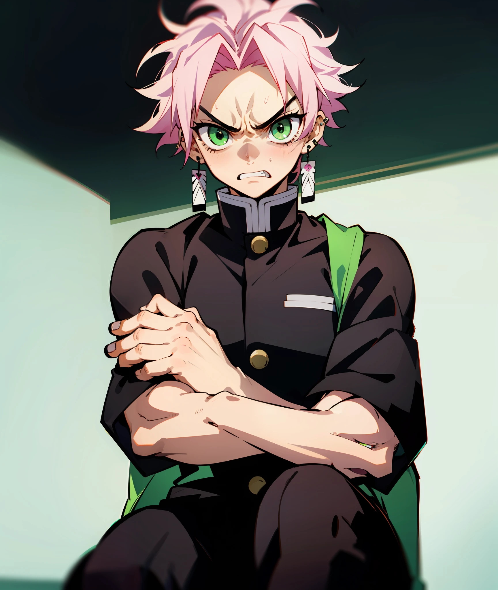 1boy, green eyes, sharp eyes, pink hair, messy hair, demon slayer uniform, muscles, angry, annoyed, messy, eyeliner, goth, earrings, piercings, sitting, arms crossed