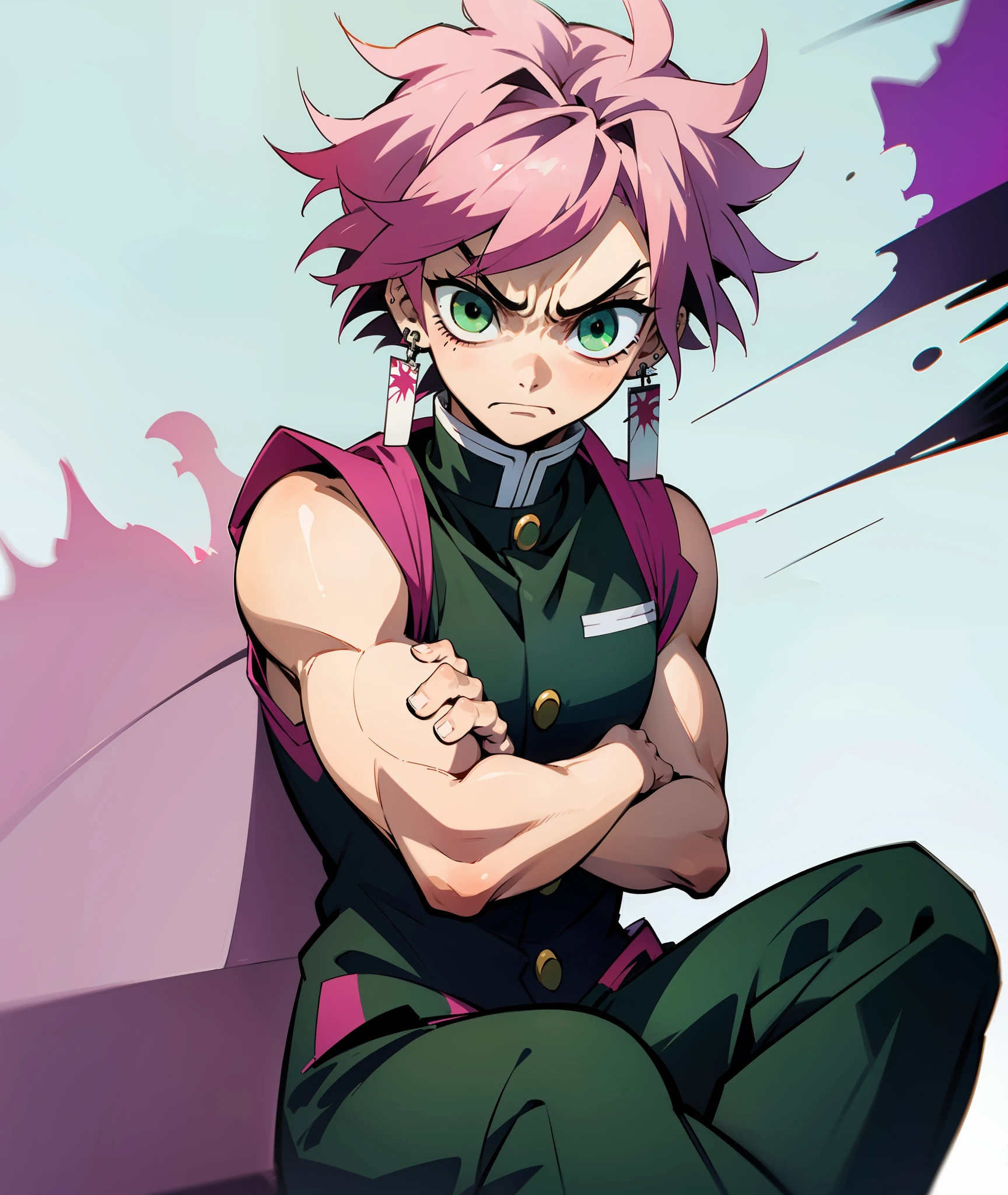 1boy, green eyes, sharp eyes, pink hair, messy hair, demon slayer uniform, muscles, angry, annoyed, messy, eyeliner, goth, earrings, piercings, sitting, arms crossed