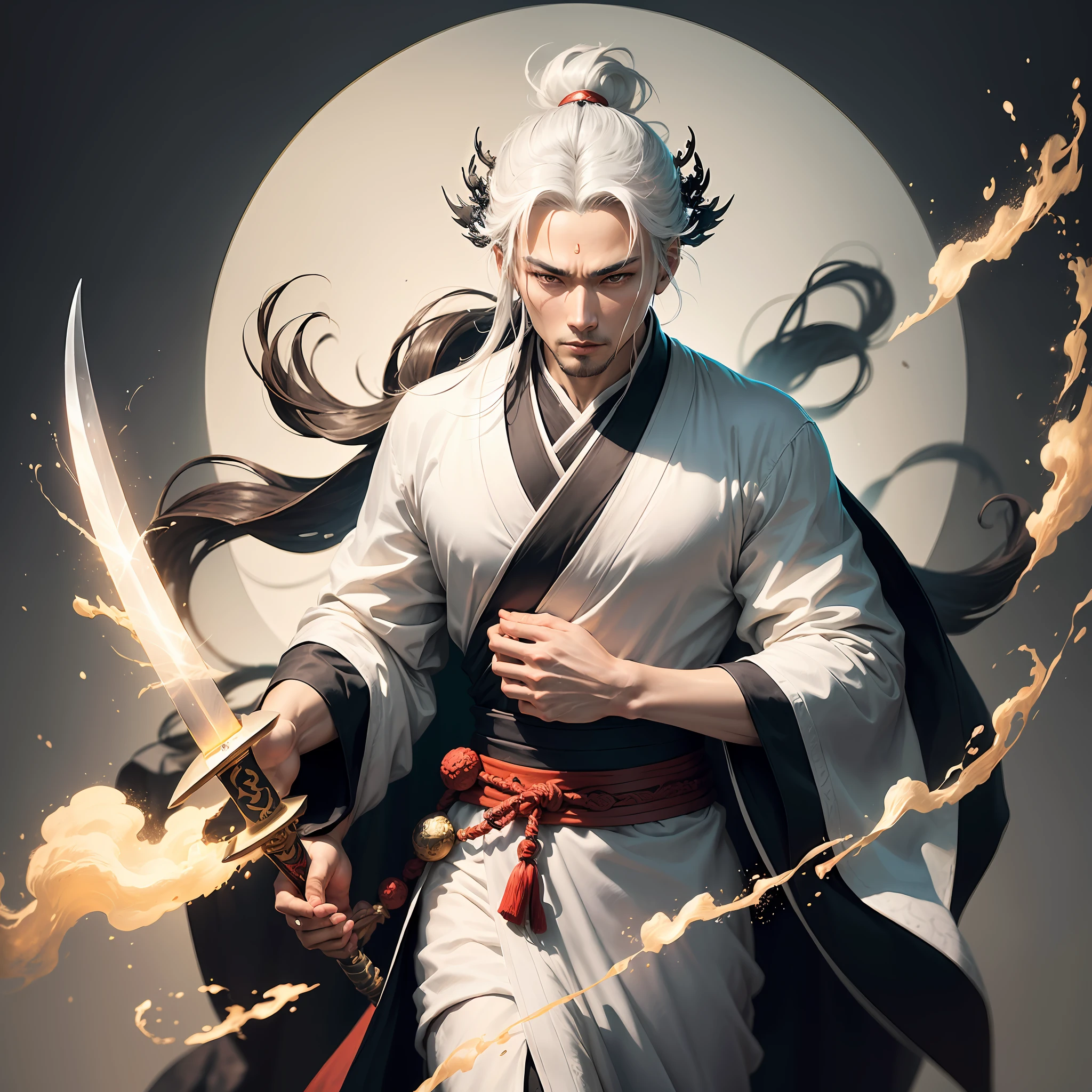 ((Immortal Taoist), (The sword is held in his right hand:1.2, The hilt of the sword sparkles:1.2), (Masterpiece-grade illust, Highest image quality, hyper-detailing, Floating posture), (Male characters,Wearing a white robe), (Chinese ink painting style), (The ancient style expresses Taoist beliefs and Zen), (Handsome appearance)),White clouds,Black and white,Yin and Yang in the left hand。 --auto