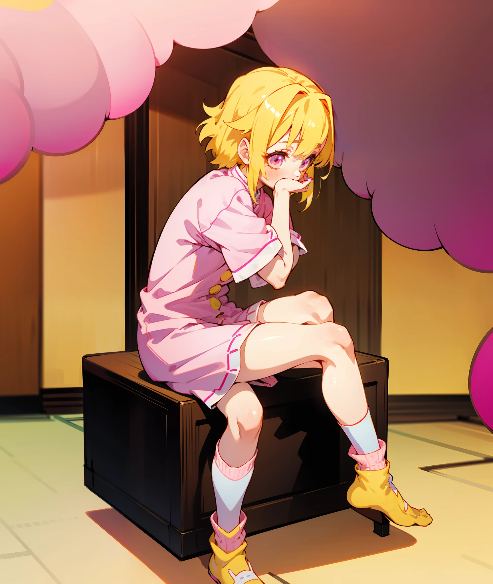 1girl, yellow hair, pink eyes, demon slayer uniform, pink and yellow socks, shy, nervous, yellow and pink haori, pink nails, sitting, shy, knee high baggy socks, yellow and pink socks, pink haori