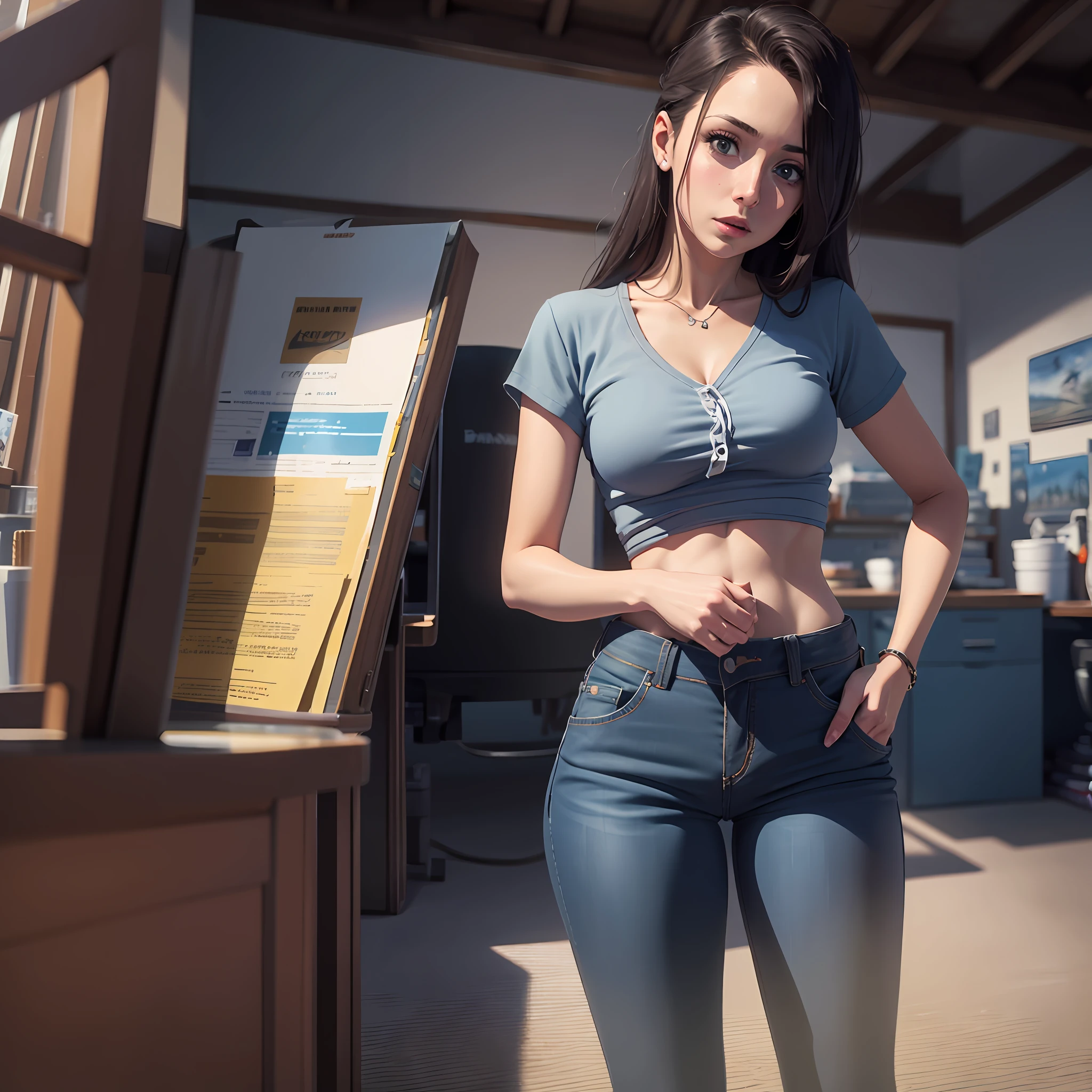 Muchacha con camisa muy ajustada con algunos botones desabrochados, pantalones muy cortos chillout Mix, HD quality, 8k, --auto