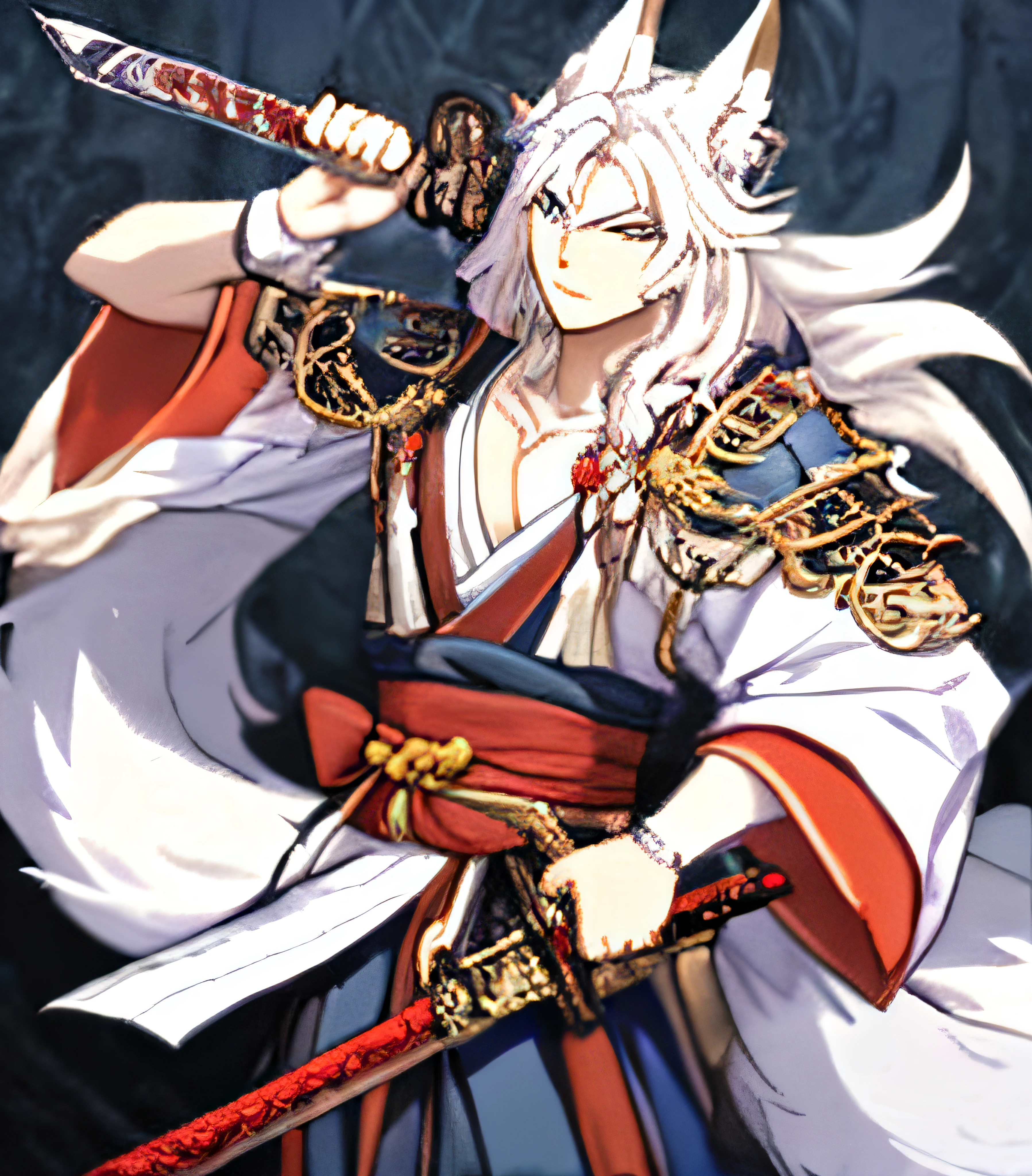 A close-up of a cartoon character，Holding a sword in hand, male djinn man demon hybrid, Vampire White Fox, fox nobushi, White-haired fox, djinn man male demon, fit male demon with white horns, white fox anime, dark fox mage, White fox, human and dragon fusion, this character has cryokinesis, onmyoji