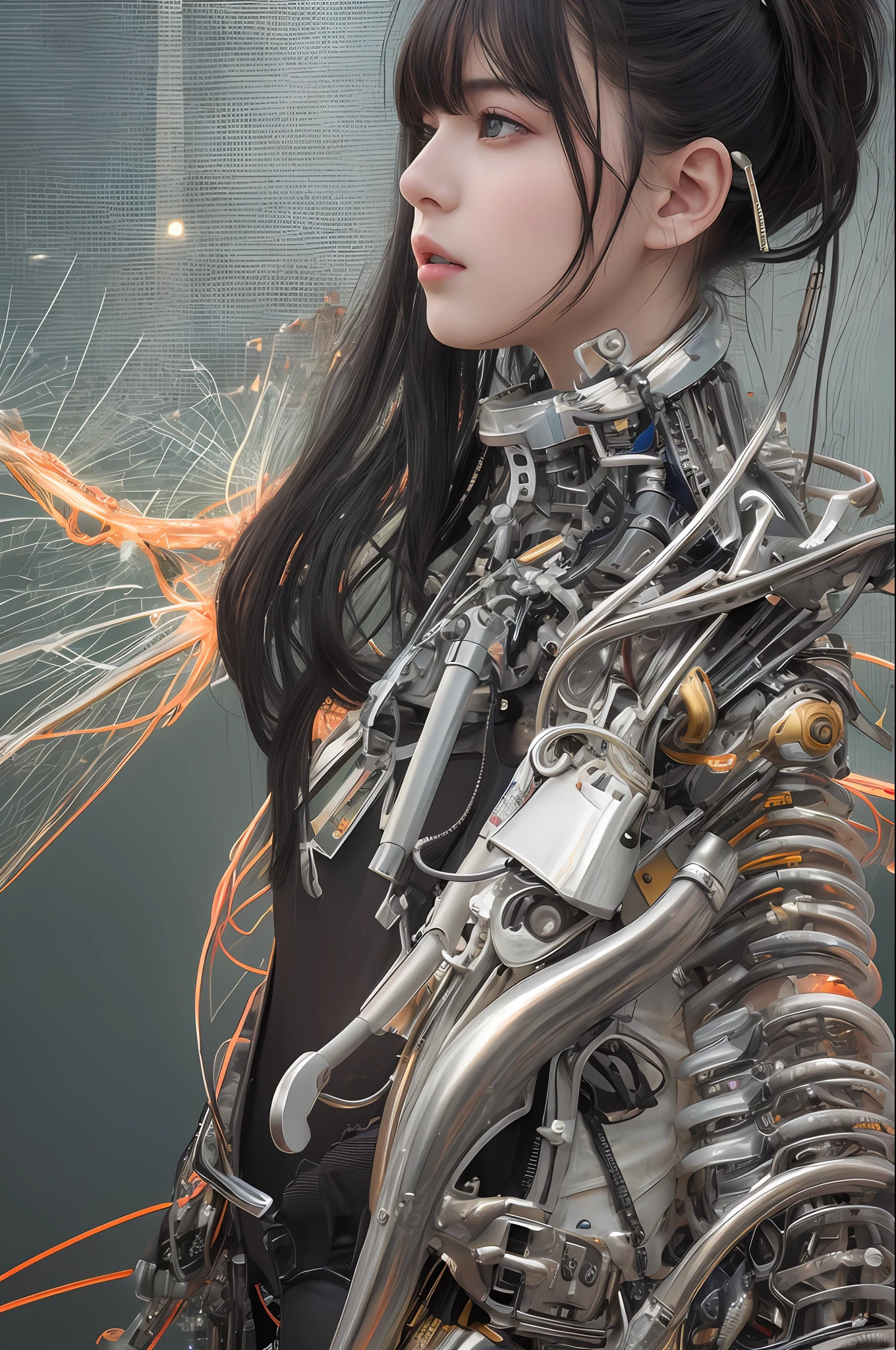 Top Quality, Masterpiece, Ultra High Resolution, (Photorealistic: 1.4), Raw Photo, 1 cyberpunk Girl, Black Hair, Glossy Skin, 1 Mechanical Girl, (Ultra Realistic Detail)), Full body, Global Illumination, Contrast, Shadows, Octane Rendering, 8K, Ultra Sharp, Cleavage Exposed, Raw Skin, Metal, Intricate Ornament Details, Japan Details, Very intricate details, realistic light, CGSoation trend, facing the camera, neon details, mechanical limbs, blood vessels connected to the tube, mechanical vertebrae attached to the back, mechanical cervical attachment to the neck, wires and cables connecting to the head, gundam, small LED lamps.