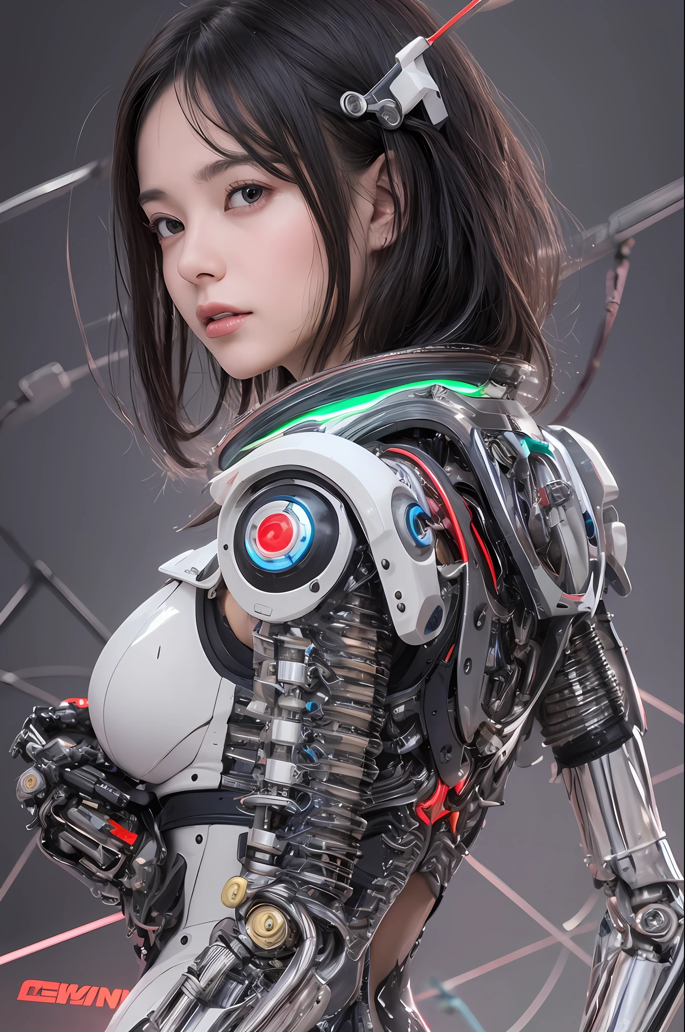 Top Quality, Masterpiece, Ultra High Resolution, (Photorealistic: 1.4), Raw Photo, 1 cyberpunk Girl, Black Hair, Glossy Skin, 1 Mechanical Girl, (Ultra Realistic Detail)), Full body, Global Illumination, Contrast, Shadows, Octane Rendering, 8K, Ultra Sharp, Cleavage Exposed, Raw Skin, Metal, Intricate Ornament Details, Japan Details, Very intricate details, realistic light, CGSoation trend, facing the camera, neon details, mechanical limbs, blood vessels connected to the tube, mechanical vertebrae attached to the back, mechanical cervical attachment to the neck, wires and cables connecting to the head, gundam, small LED lamps.