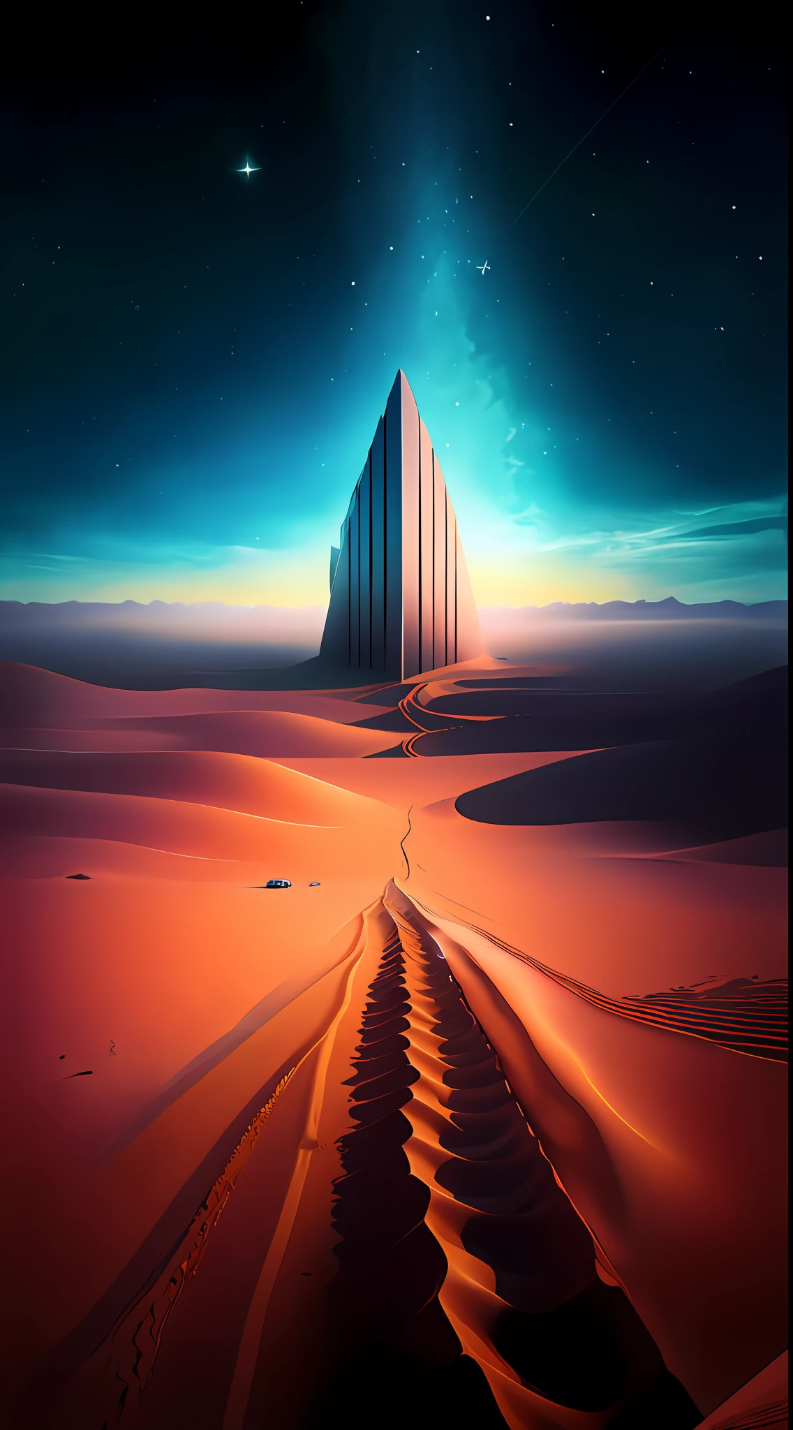 keep it similar but make it like its night with realistic stars above, psychedelic artwork, ultra realistic --auto