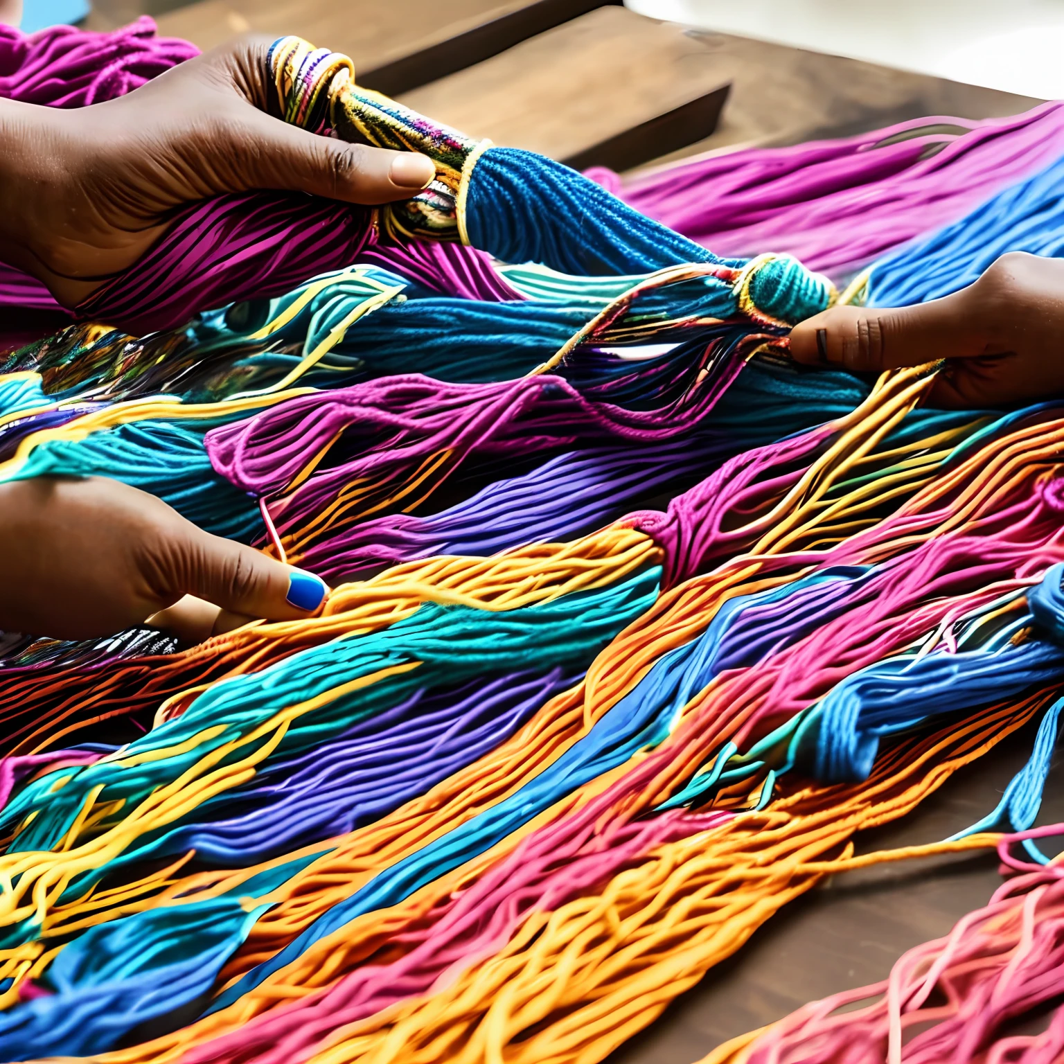 Black woman working with colored threads and macramè knots --auto
