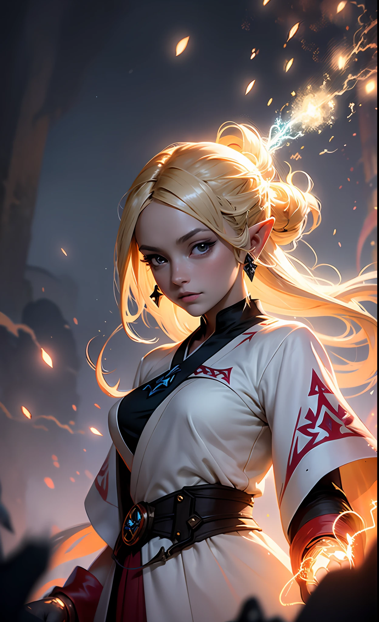 masutepiece, Best Quality, 1girl in, princess zelda, Sorceress, robe, Magical, Mystical, Moody lighting, Glow, blazing, spark of light, swirling energy