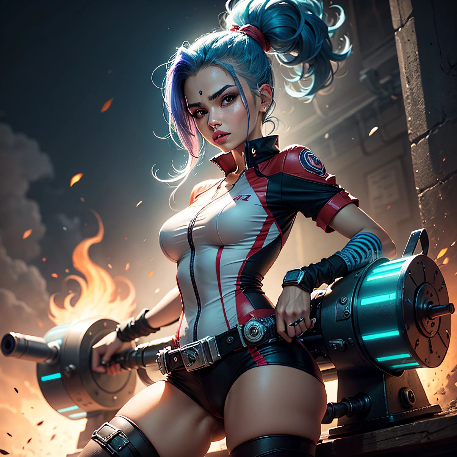 obra-prima, melhor qualidade, ultra-detalhado, 8K, luz detalhada, sombra detalhada, RAW, (pele detalhada), (realista: 1.2), jinx from league of legends, rosto, pilyeon, unhas pretas, joias, cabelos longos azuis, olhando para o visualizador, gargantilha, colar, piercing, fundo branco, Heart, boca fechada, olhos azuis, esmalte de unha, Fundo simples, cabelo azul amarrado nos dois lados, nas mãos segura Portable Gatling machine gun like energy blaster. --auto