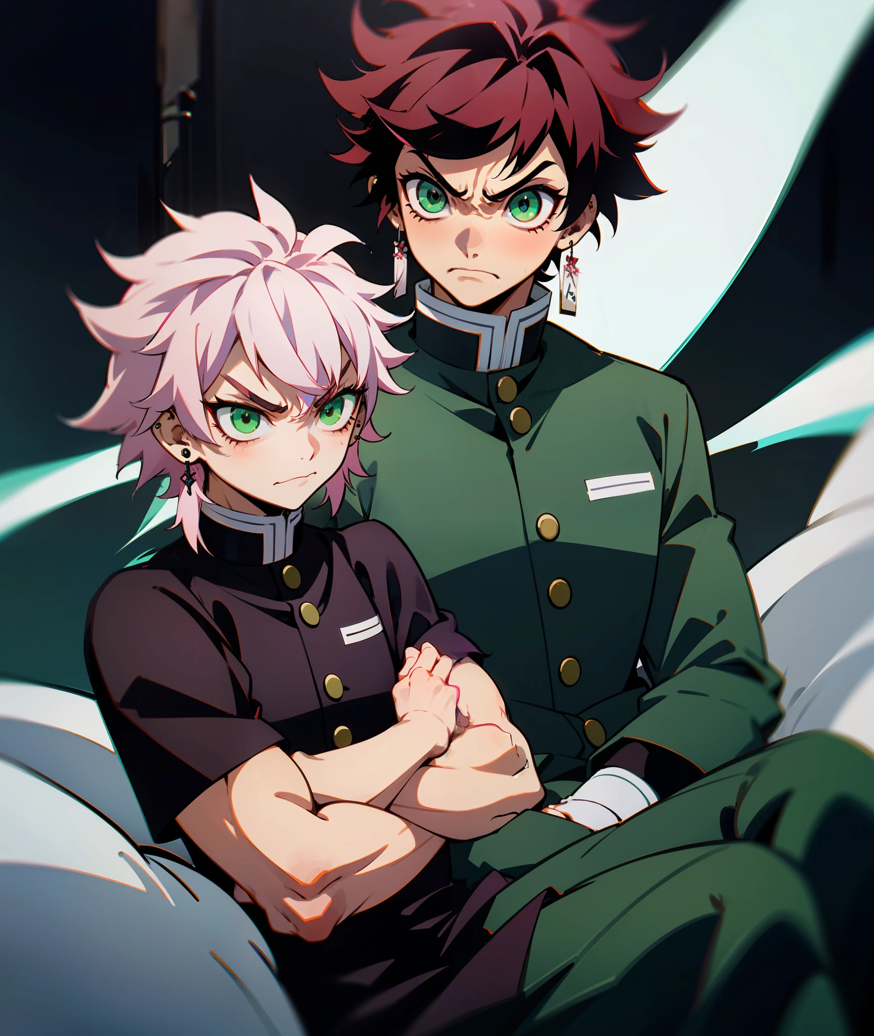 1boy, green eyes, sharp eyes, pink hair, messy hair, demon slayer uniform, muscles, angry, annoyed, messy, eyeliner, goth, earrings, piercings, sitting, arms crossed