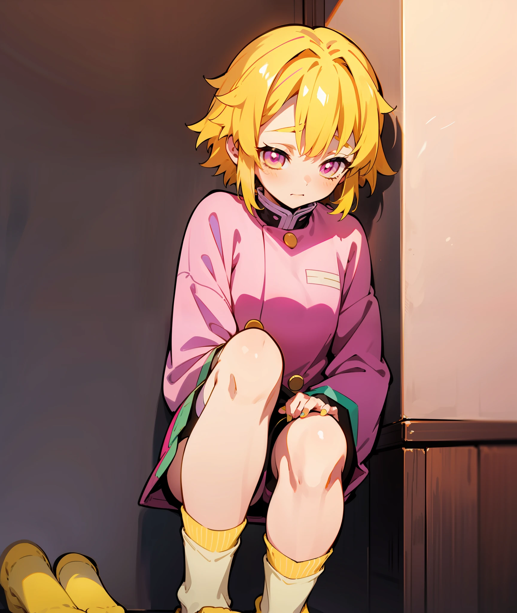 1girl, yellow hair, pink eyes, demon slayer uniform, pink and yellow socks, shy, nervous, yellow and pink haori, pink nails, sitting, shy, knee high baggy socks, yellow and pink socks, pink haori