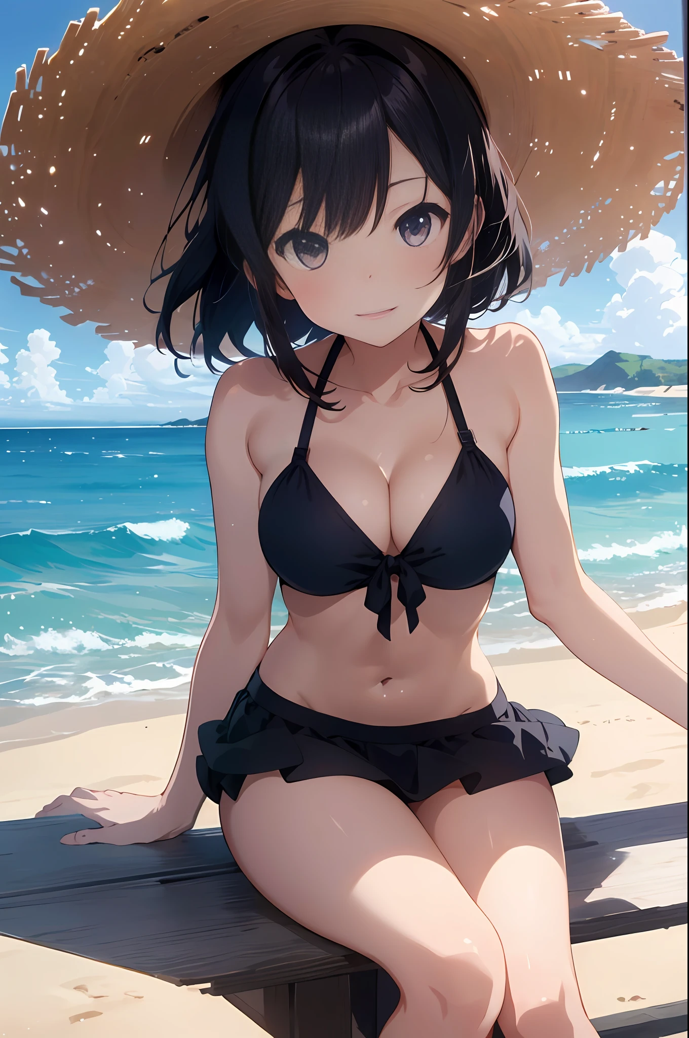1girl, masterpiece , perfect body ,ultra details, high quality, high resolution, best lighting, best shading,  anime girl in a bikini sitting on the beach with a hat on, beautiful anime girl, makoto shinkai and artgerm, with straw hat, attractive anime girl, (anime girl), kantai collection style, makoto shinkai art style, beautiful anime woman, marin kitagawa fanart, high quality anime artstyle, pretty anime girl, 4 k manga wallpaper