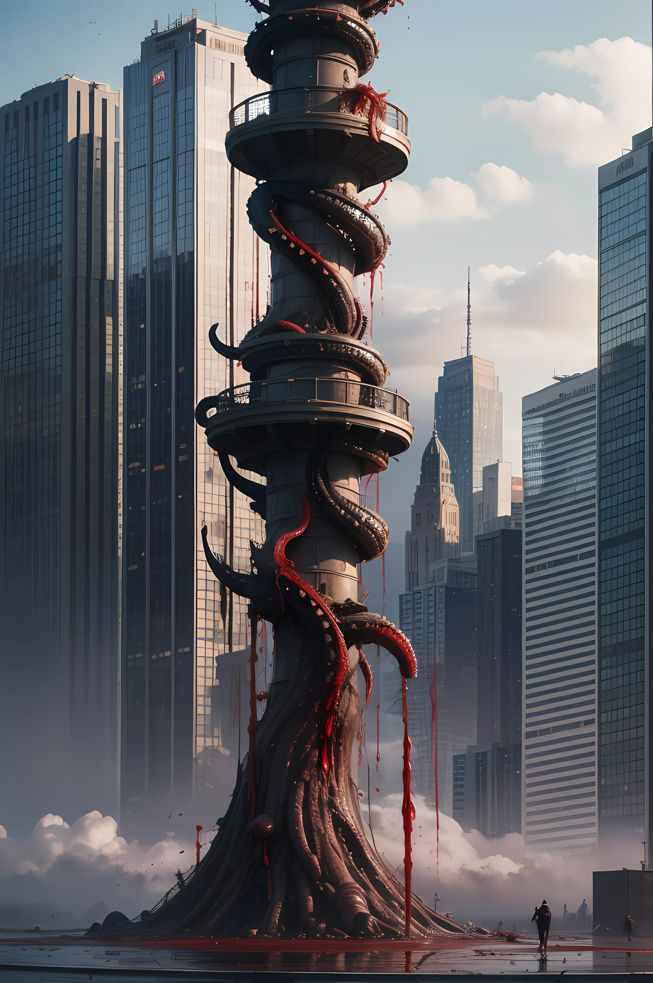 ((Blood,bloody)),Best quality, Masterpiece, A high resolution,extremely detailed CG wallpaper,black hoodie,Modern City,More details,(Stand on a tall building),(Black tentacles),(blood vess),lot of tentacles,Bathe in blood