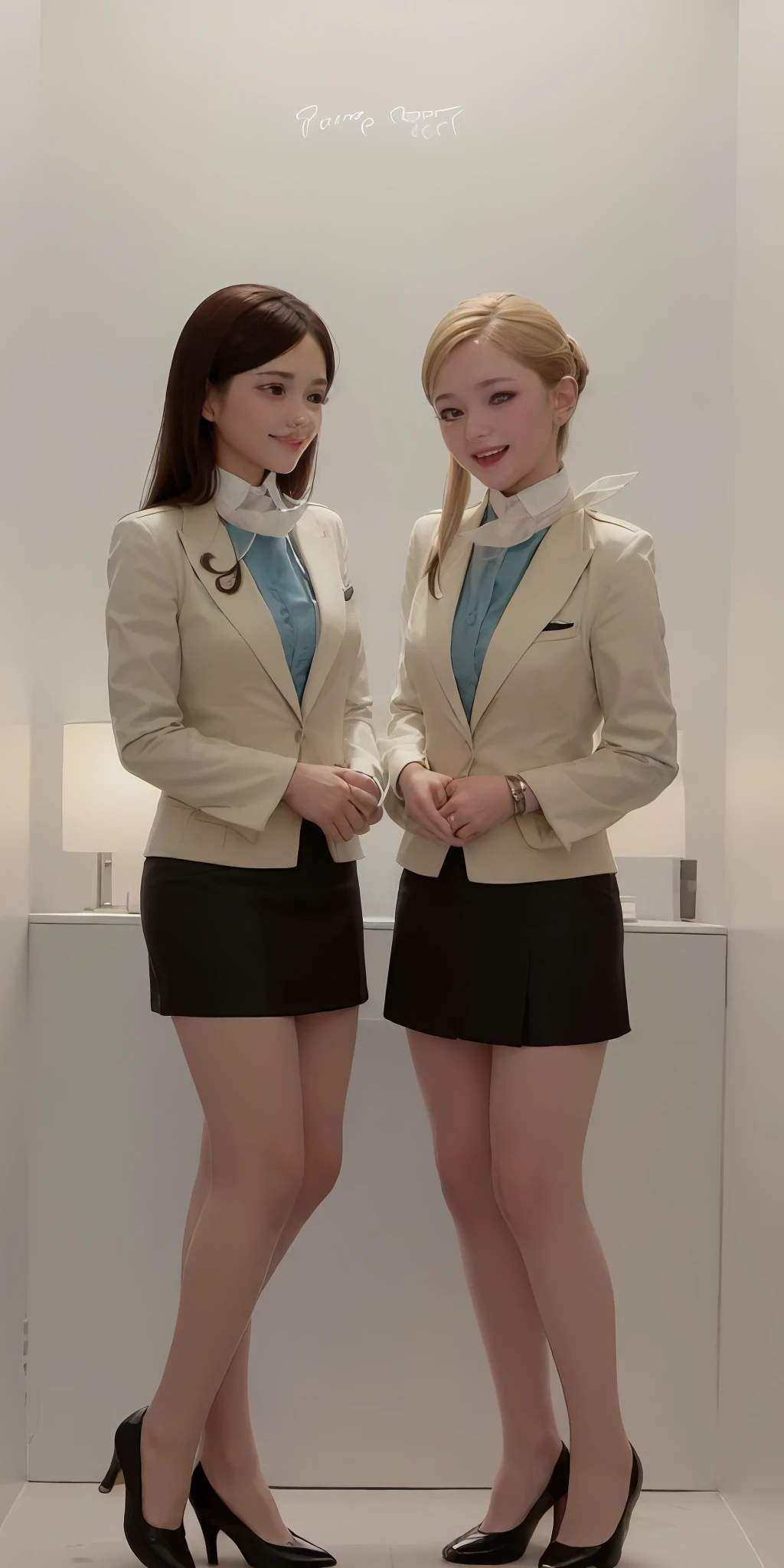 ((Masterpiece, highres)), 2girls, duo, twins, ((one brown haired girl, one blonde girl)), long hair, curly hair, matching hairstyles, different hair color, confident, elegant, proud smiles, (((matching outfits, identical outfits, employee uniforms, blue skirt suits, sexy skirt suits, blur blazers, blue knee length skirts, black high heels, strapless high heels)))