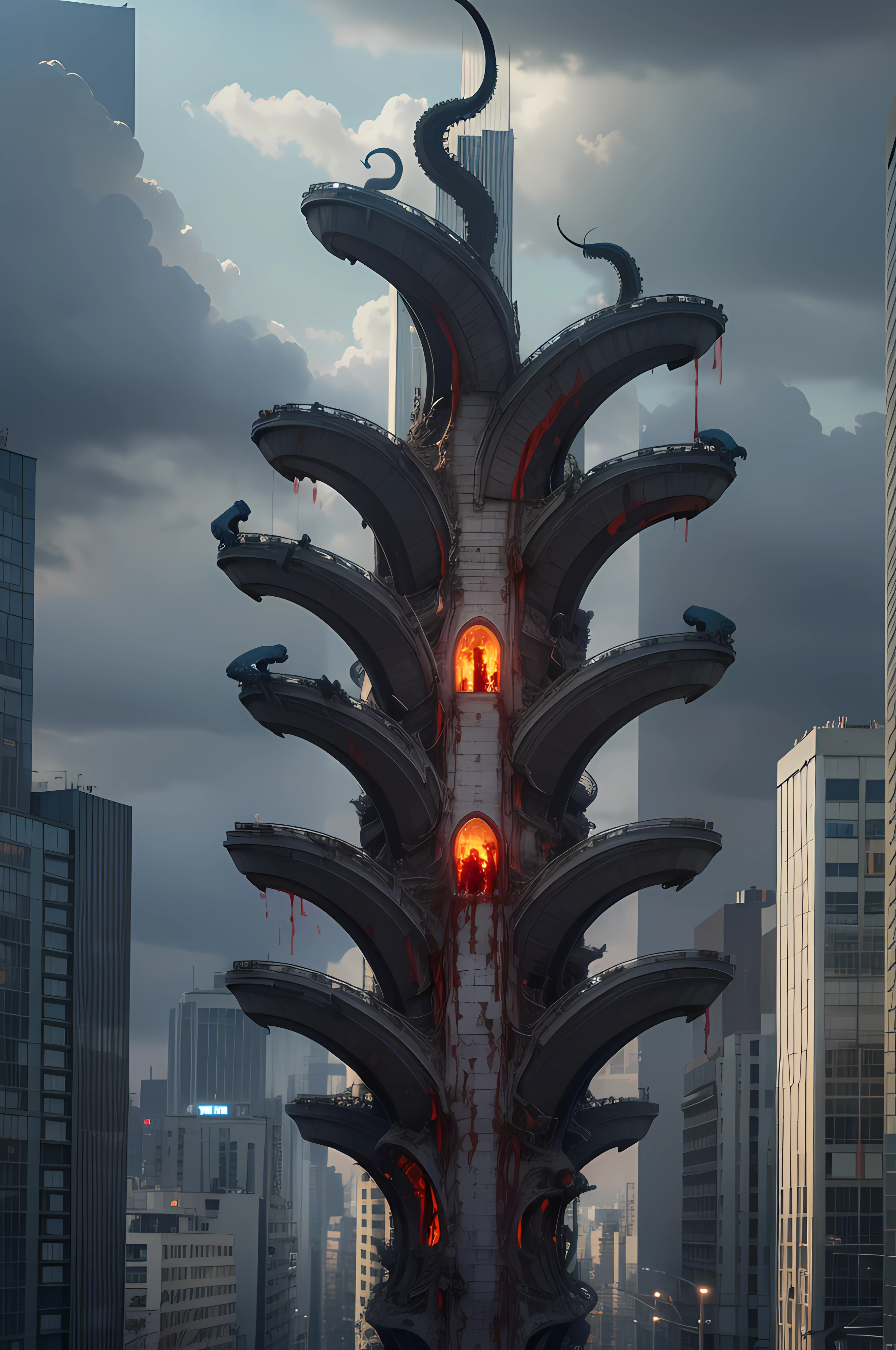 ((Blood,Bloody)),Best quality, Masterpiece, A high resolution,extremely detailed CG wallpaper,Modern City,More details,(Stand on a tall building),(Black tentacles),(blood vess),((tentaculata)),Bathe in blood