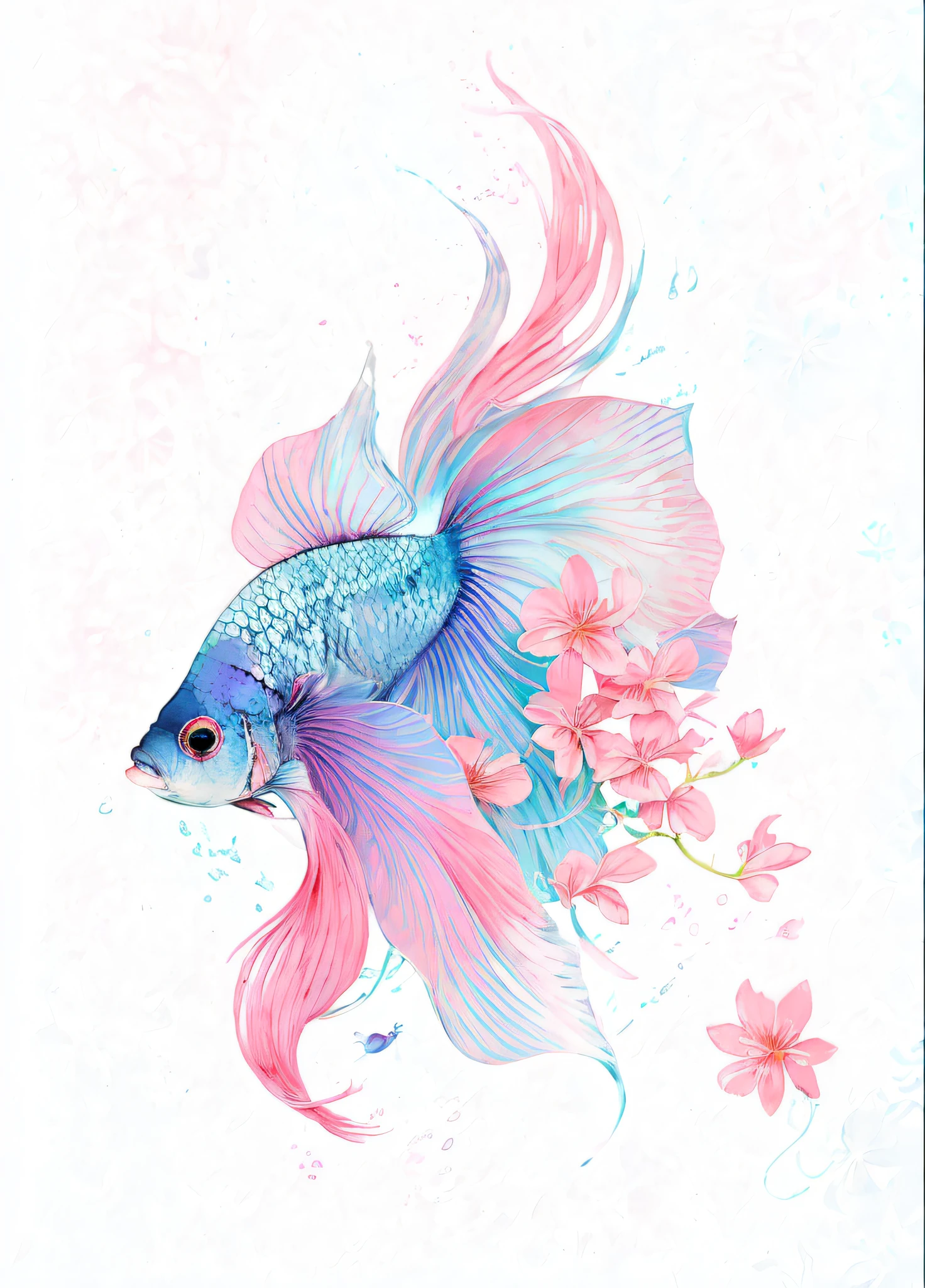 there is a fish with a pink tail and blue tail, a beautiful artwork illustration, exquisite digital illustration, betta fish, beautiful digital artwork, in pastel colors, beautiful gorgeous digital art, beautiful digital art, colorful fish, gorgeous digital art, beautiful digital illustration, blue and pink colors, very beautiful digital art, in style of digital illustration, pink and blue colors