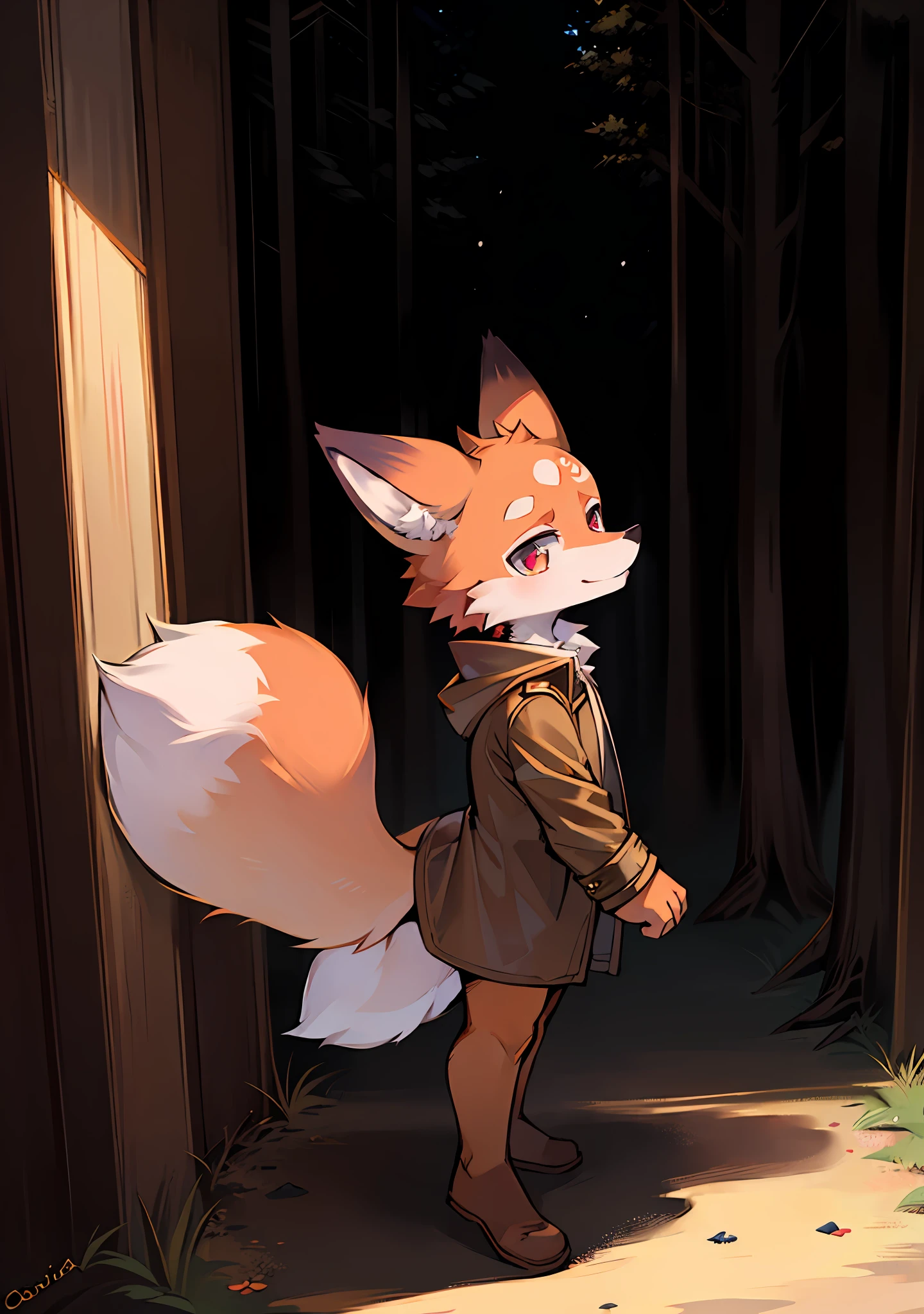 ln the forest,children's,Beast too,red fox,Wear a brown trench coat,Fluffy big tail,adolable,fica sozinha,There are moire lines on the forehead,Short stature,Short snout,largeeyes,meticuloso