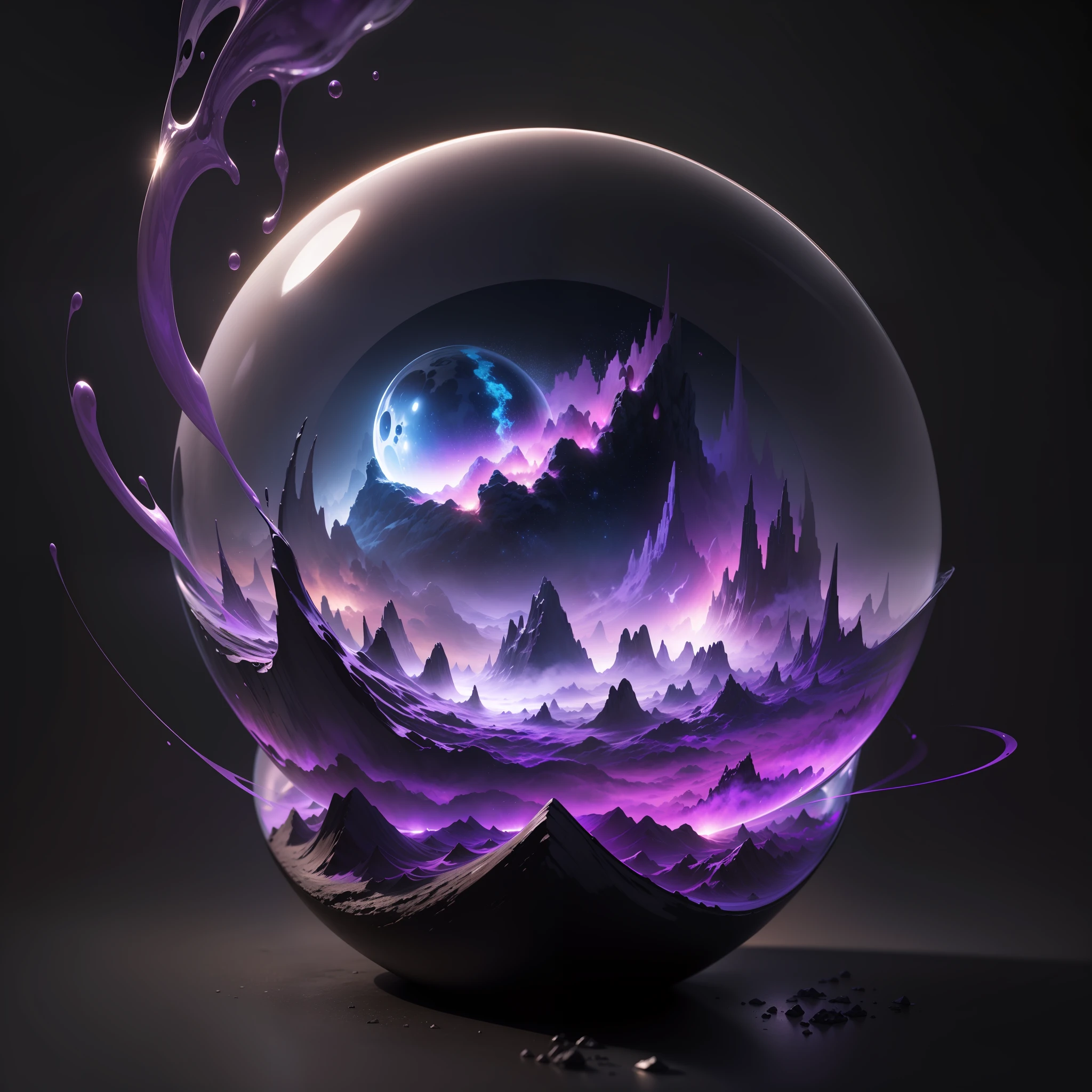 Black ice sphere emitting a majestic purple mist being a realistic masterpiece of art.
