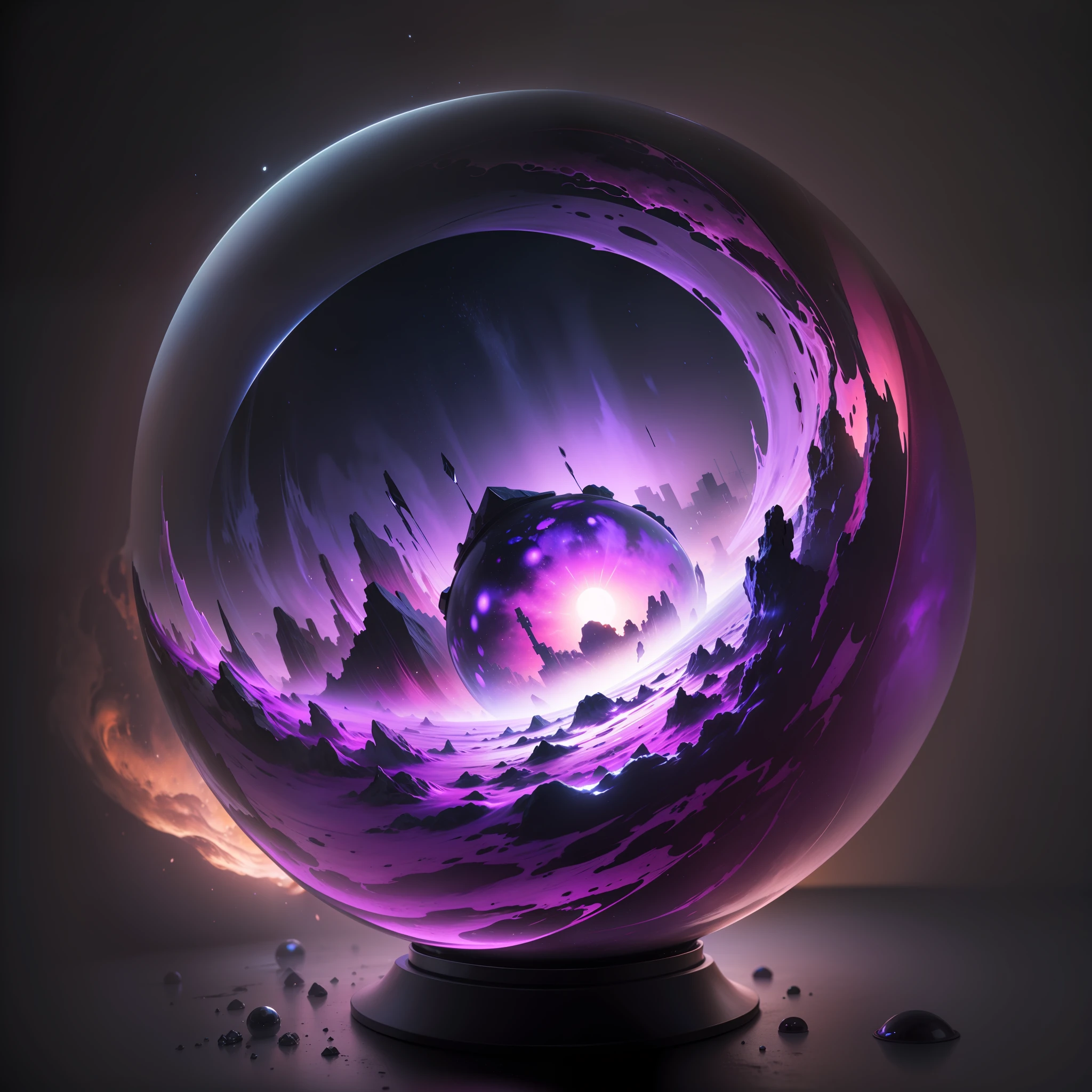 Black ice sphere emitting a majestic purple mist being a realistic masterpiece of art.