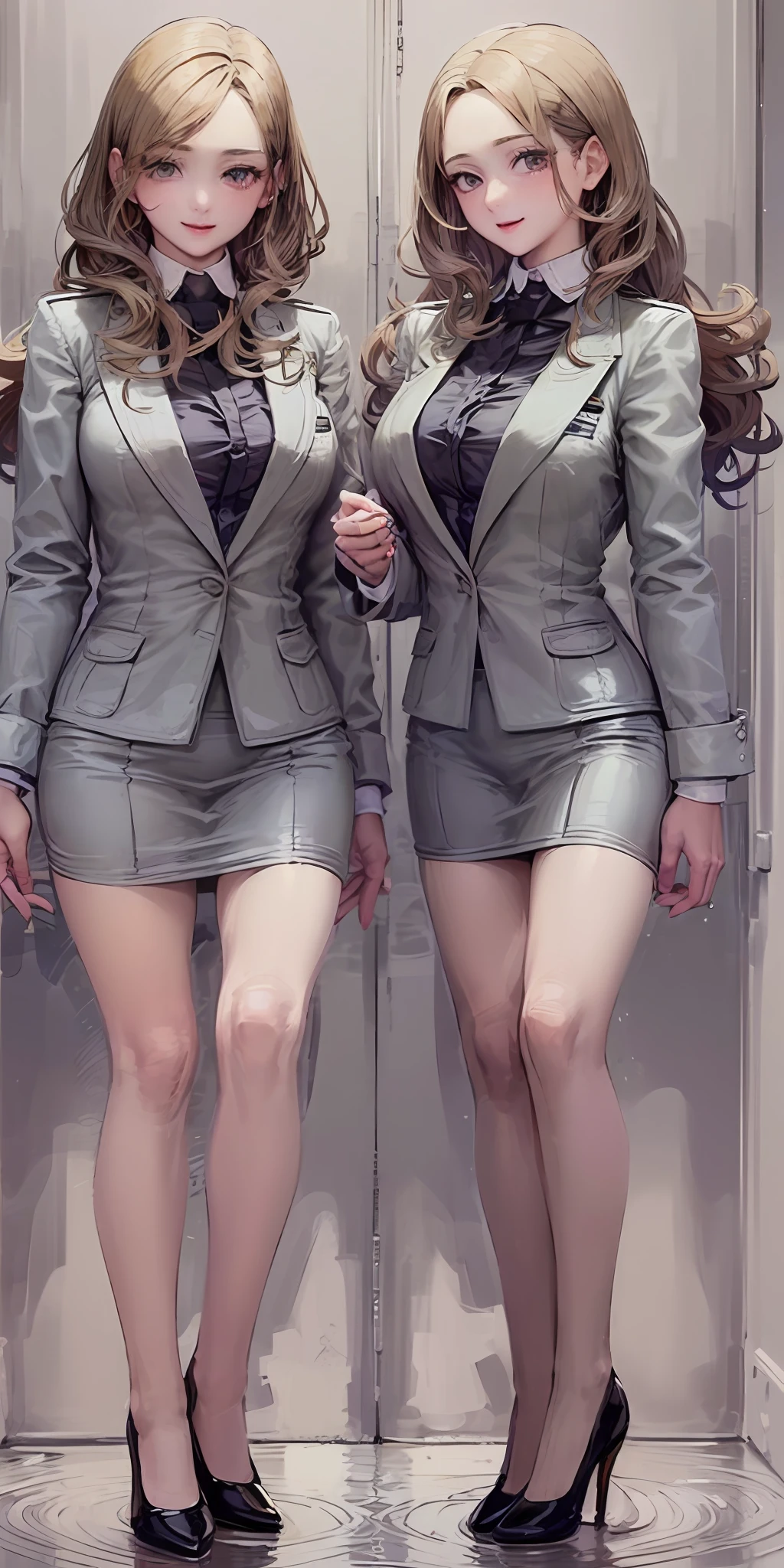 ((Masterpiece, highres)), 2girls, duo, twins, ((one brown haired girl, one blonde girl)), long hair, curly hair, matching hairstyles, different hair color, confident, elegant, proud smiles, (((matching outfits, identical outfits, employee uniforms, grey skirt suits, sexy skirt suits, grey blazers, grey knee length skirts, black high heels, strapless high heels)))