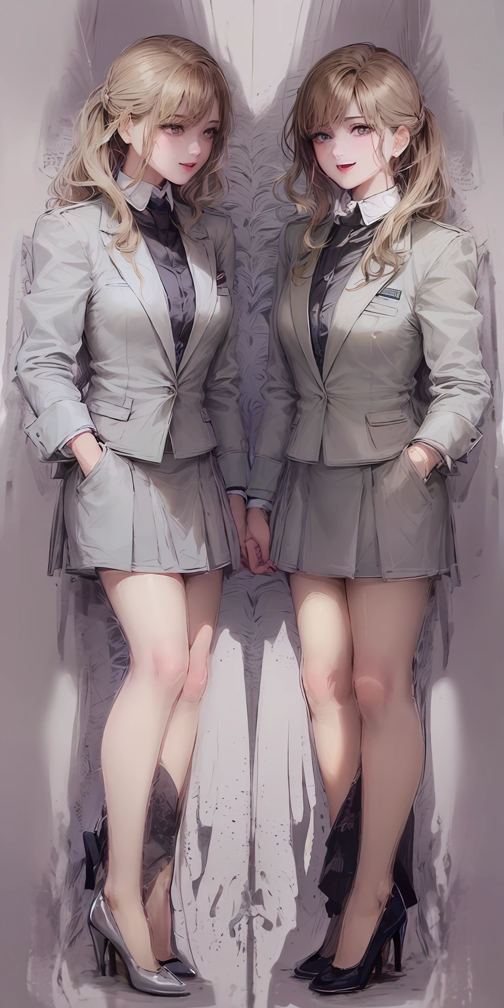 ((Masterpiece, highres)), 2girls, duo, twins, ((one brown haired girl, one blonde girl)), long hair, curly hair, matching hairstyles, different hair color, confident, elegant, proud smiles, (((matching outfits, identical outfits, employee uniforms, grey skirt suits, y skirt suits, grey blazers, grey knee length skirts, black high heels, strapless high heels)))