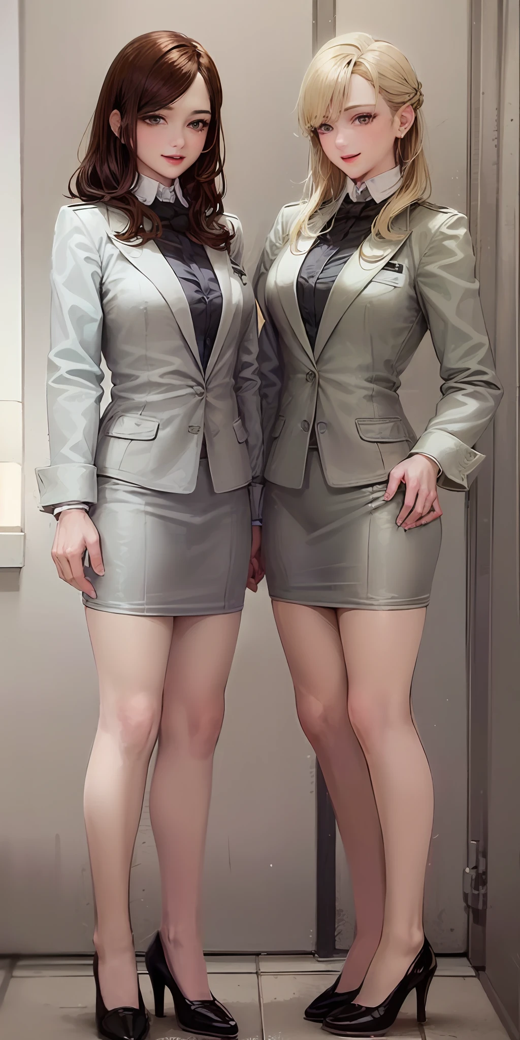 ((Masterpiece, highres)), 2girls, duo, twins, ((one brown haired girl, one blonde girl)), long hair, curly hair, matching hairstyles, different hair color, confident, elegant, proud smiles, (((matching outfits, identical outfits, employee uniforms, grey skirt suits, sexy skirt suits, grey blazers, grey knee length skirts, black high heels, strapless high heels)))