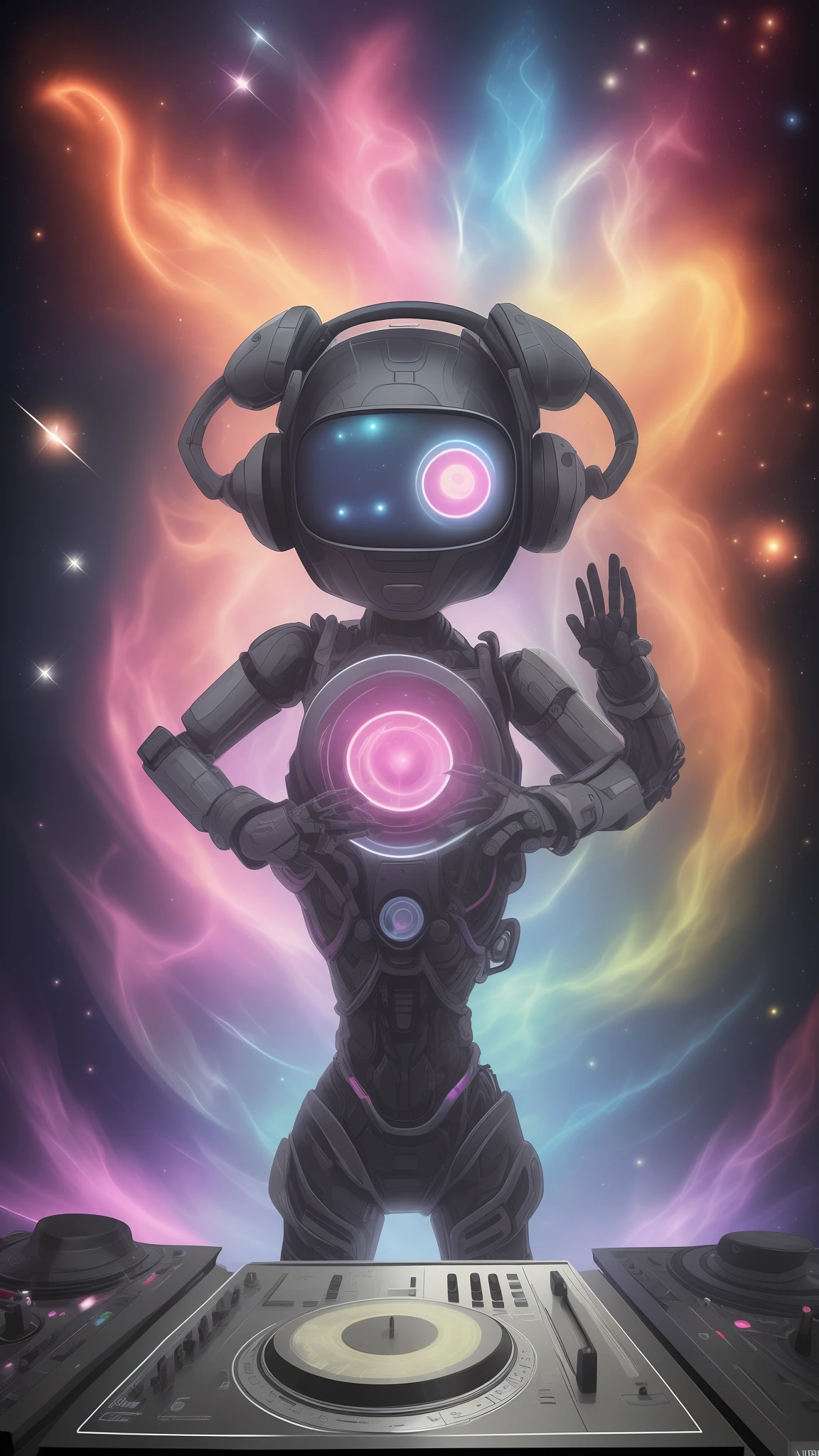 Dj robot inconcebible y espectacular una escena de emergencia de una figura de la nube brillante, hilos de nebulosa fractal, cosmic entities, celeste, cosmic, vibrant and vivid, remolinos, giratorios, poco realistas, alto contraste, simobolismo, magica, mistic, desconcertante, hiperrealista, sobresaturado, colorido
Un dj