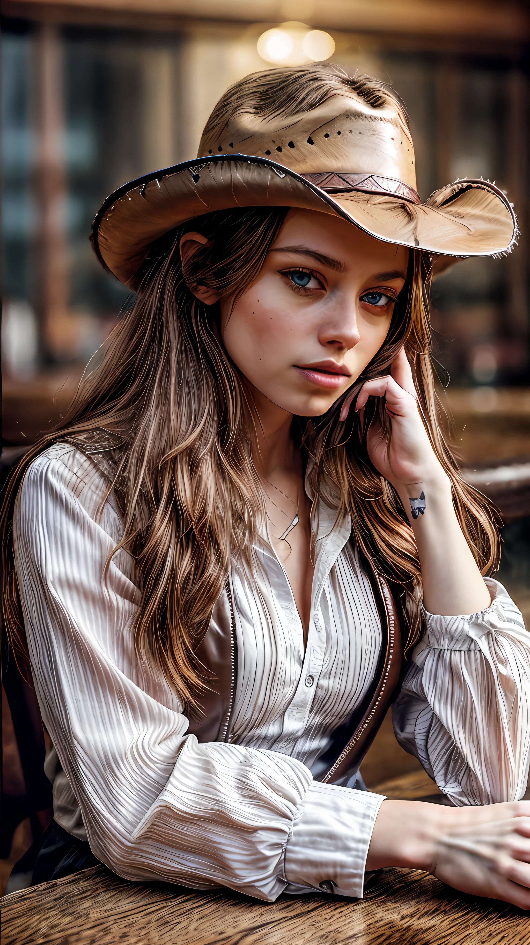 (RAW photo), masterpiece, highest quality, 8k wallpapers, (photo realism: 1.4), (high resolution), super detailed, (realism: 1.2), (best quality: 1.3), a beautiful rancher woman from the 1800s with wavy blond hair, light blue eyes and dark eye shadow, eye liner, dressed in a white blouse, brown leather vest, brown leather cowboy hat, siting at a table in a poorly lit saloon, 1880s , Smokey, poorly lit, soft light, backlit, micro-details, photorealism, photorealistic, cinematic light, cinematic, beautiful girls, dim lights,