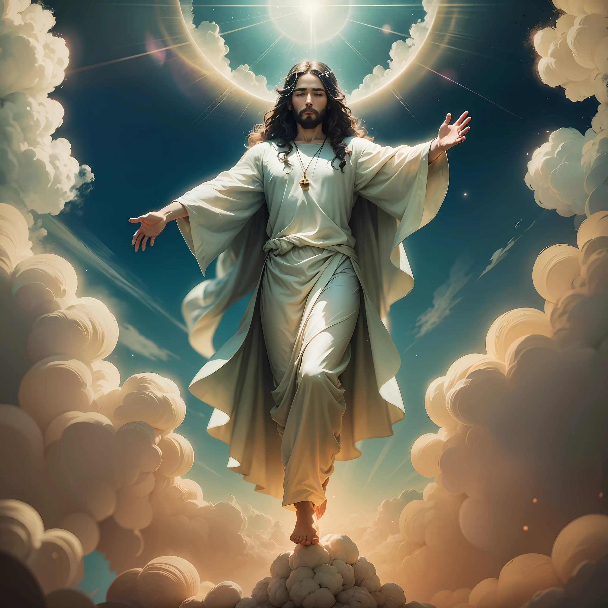 Jesus floating in the air on top of clouds with a light shining brightly on his face --auto --s2